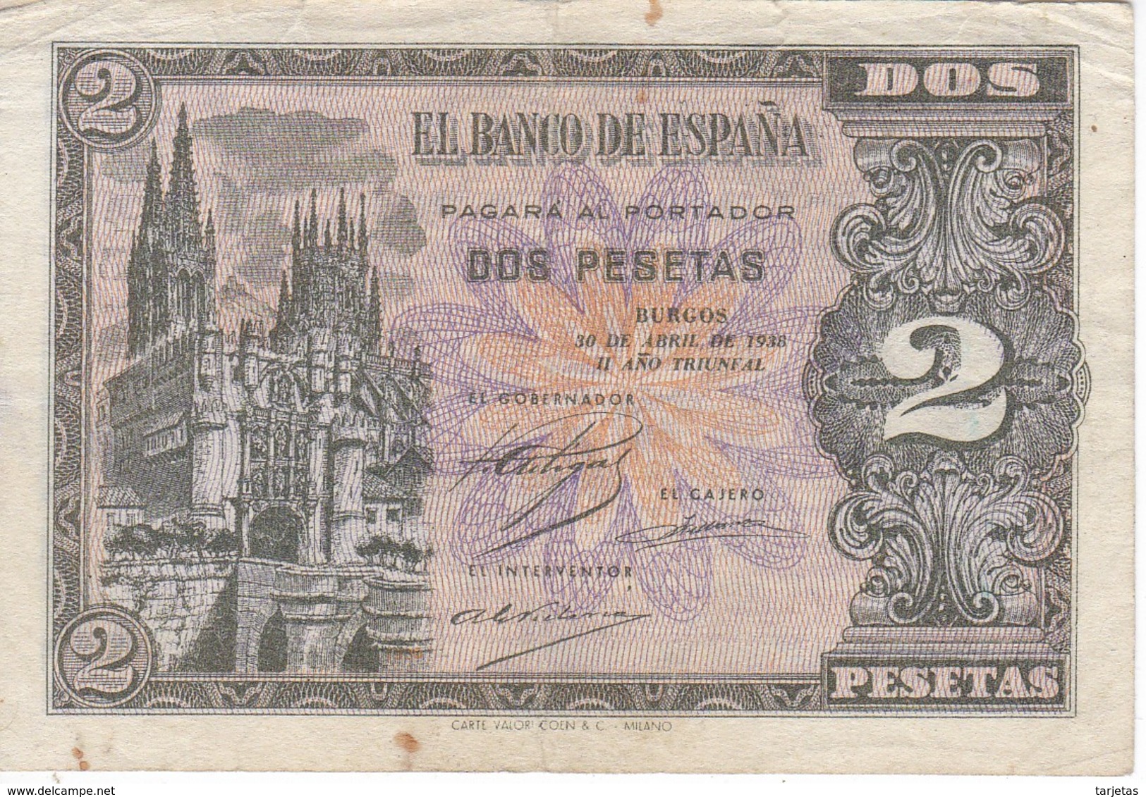 BILLETE DE ESPAÑA DE 2 PTAS  DEL AÑO 1938 SERIE I CALIDAD BC  (BANKNOTE) - 1-2 Pesetas