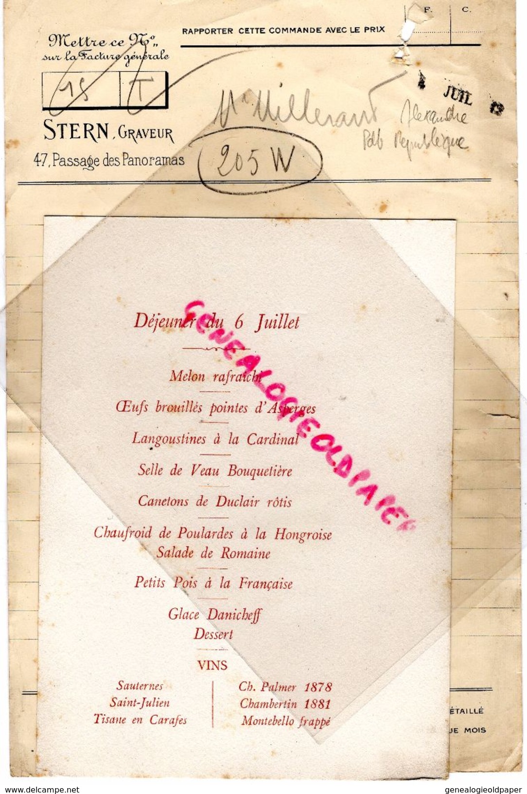 75- PARIS- MENU DEJEUNER DU 6 JUILLET 1912- ALEXANDRE MILLERAND-PRESIDENT REPUBLIQUE-STERN GRAVEUR - Menus