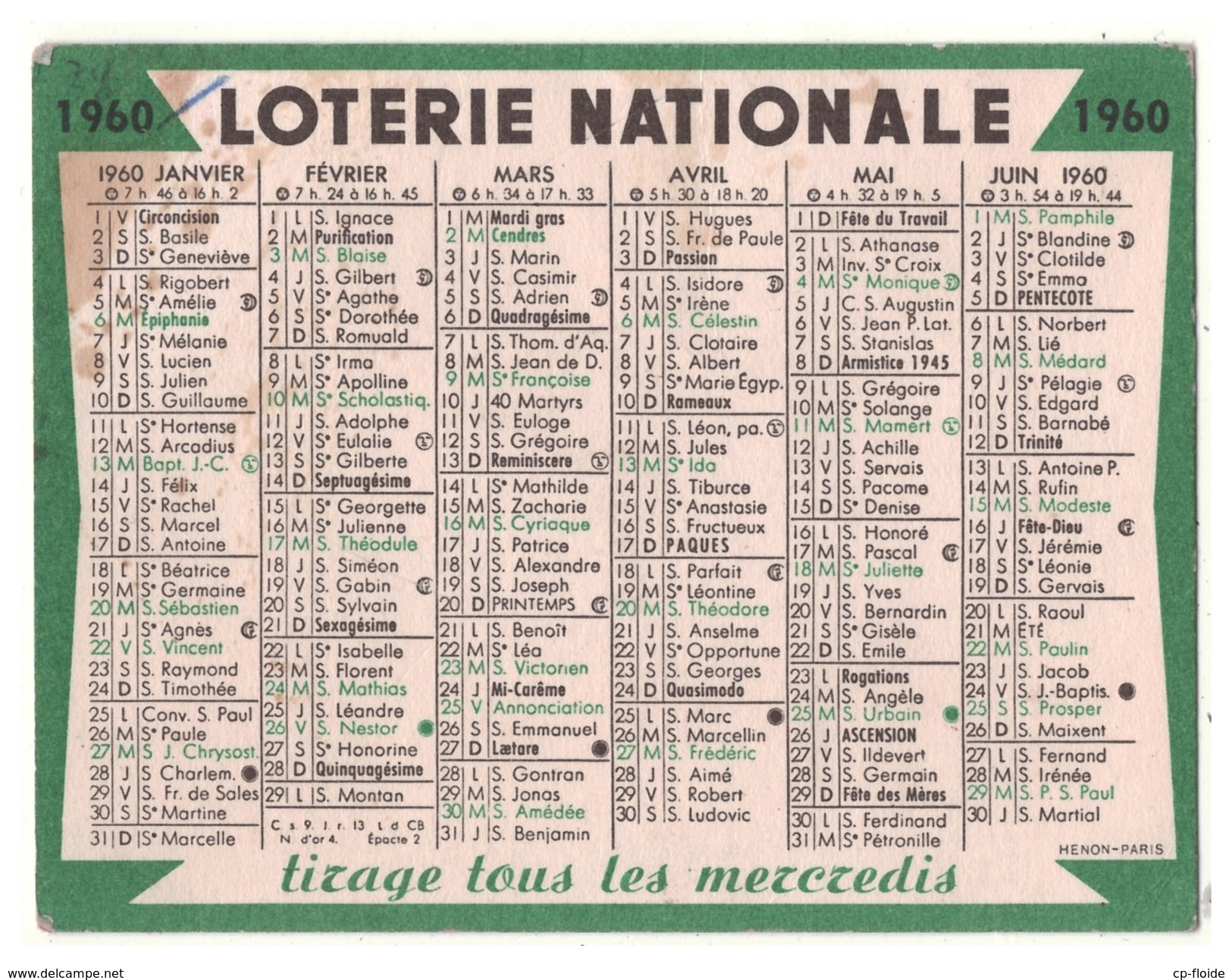 CALENDRIER 1960 LOTERIE NATIONALE - Réf. N°17926 - - Petit Format : 1941-60