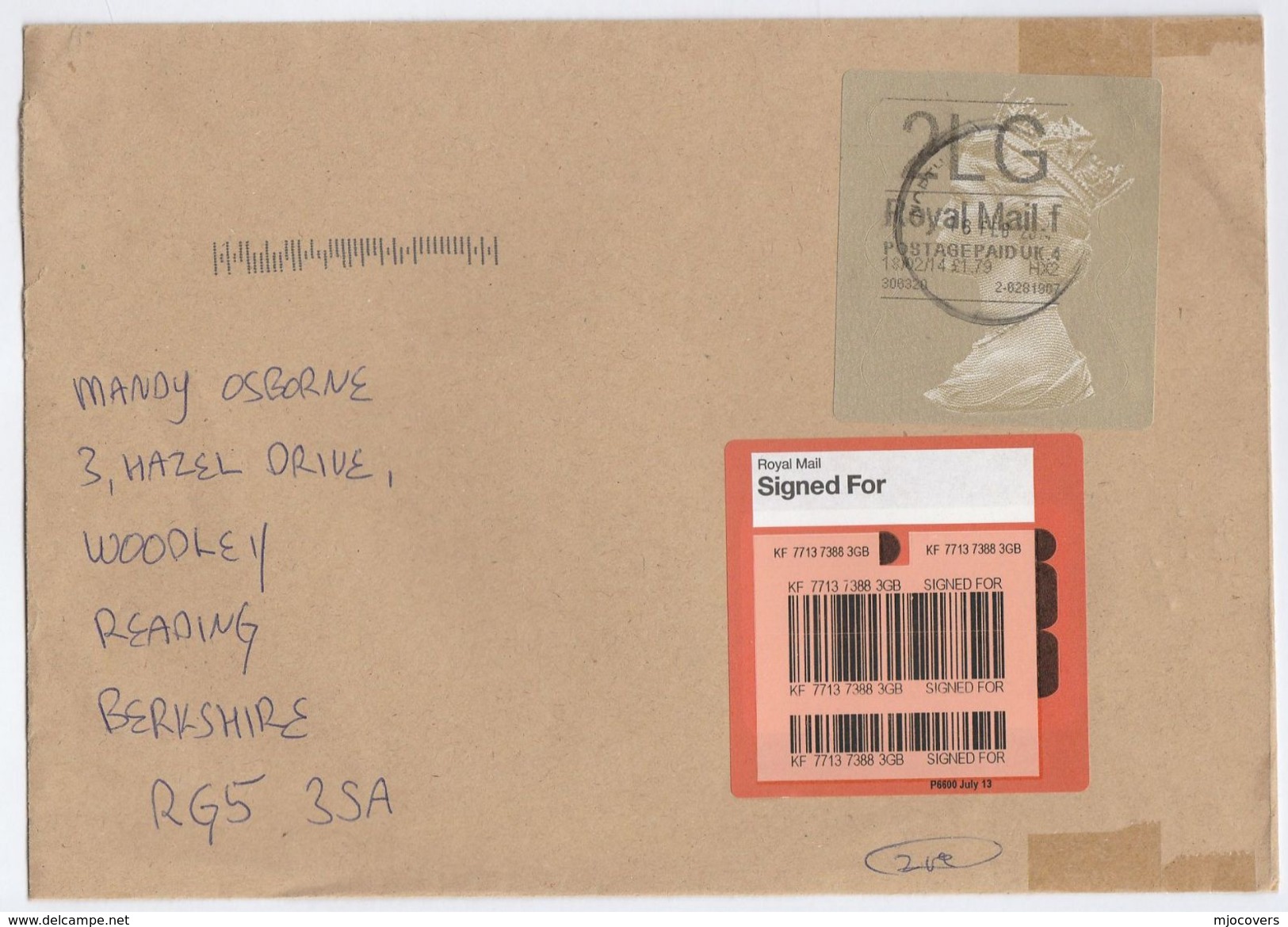 2014 GB ROYAL MAIL SIGNED FOR COVER Franked  2LG POSTAGE PAID UK 4 HX2 ROYAL MAIL F LABEL Stamps - Covers & Documents