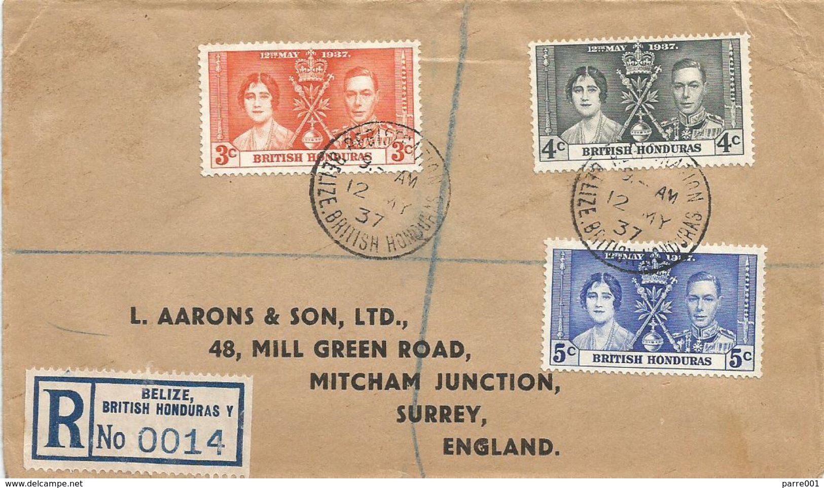 British Honduras 1937 Belize Coronation King George VI Queen Elizabeth Registered Cover - Brits-Honduras (...-1970)