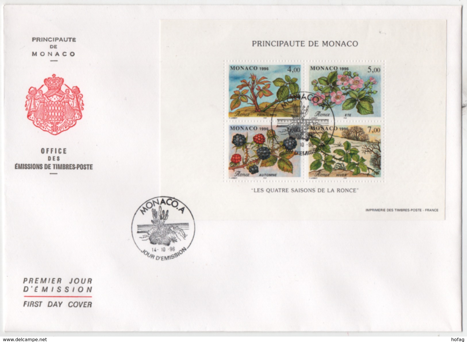 Monaco 1996 Ersttagsbrief MiNr. Bl.71 "Vier Jahreszeiten Der Brombeere"; FDC Mini Sheet Four Seasons Of The Bramble - Covers & Documents