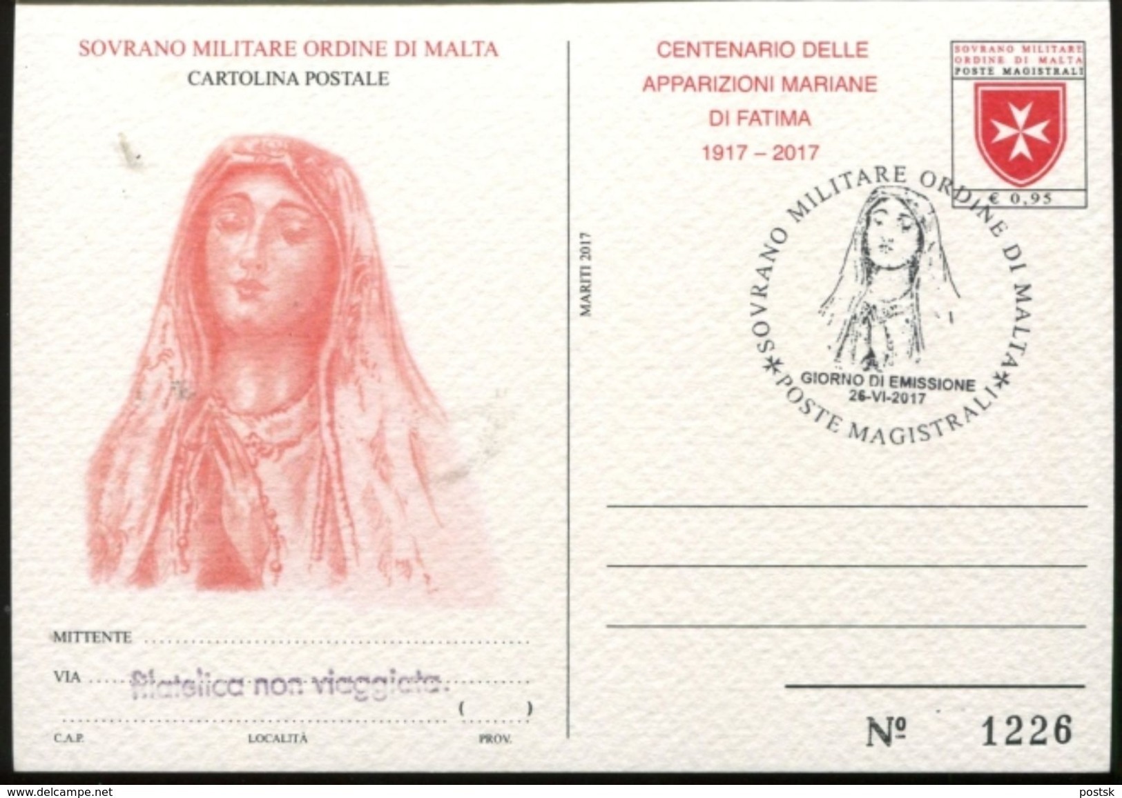 2017, Post Card Fatima SMOM +postmark, Joint Issue Slovak Luxemburg Portugal Poland San Marino Vatican, RARE - Emissions Communes