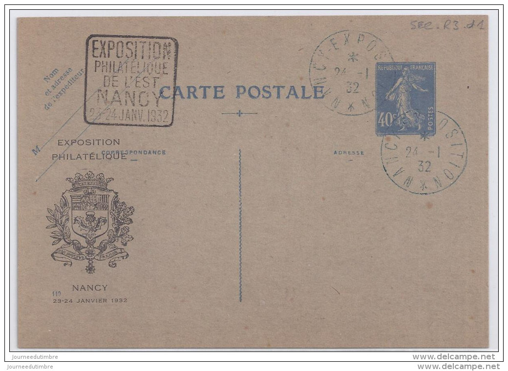 Entier Postal 40 C Semeuse Exposition Philatelique Nancy 1932 - Cartes Postales Repiquages (avant 1995)