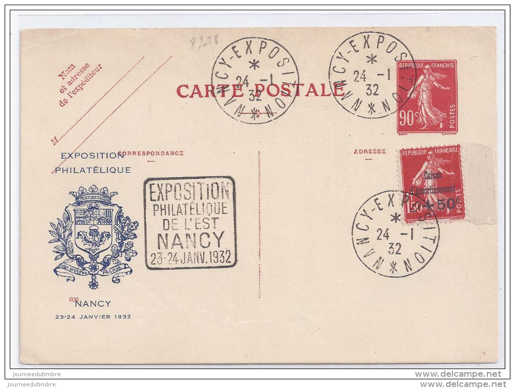 Entier Postal 90 C Semeuse Exposition Philatelique Nancy 1932 - Cartes Postales Repiquages (avant 1995)