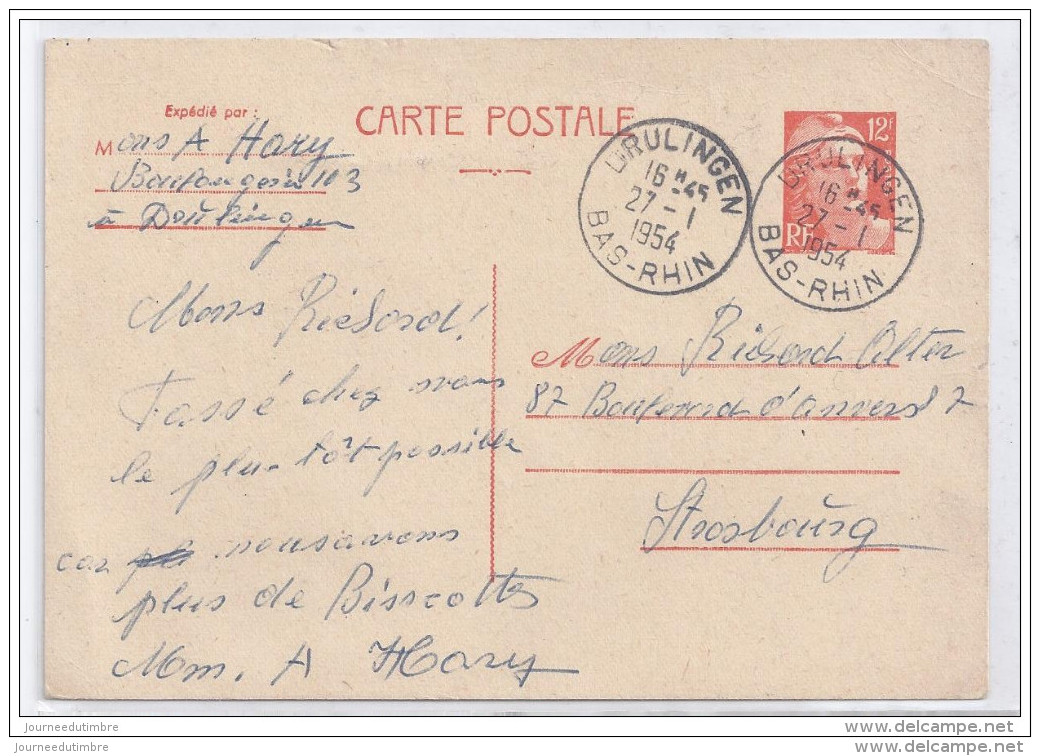 Entier Postal12 F Gandon Oblitérée Urulingen Bas Rhin - Standard Postcards & Stamped On Demand (before 1995)