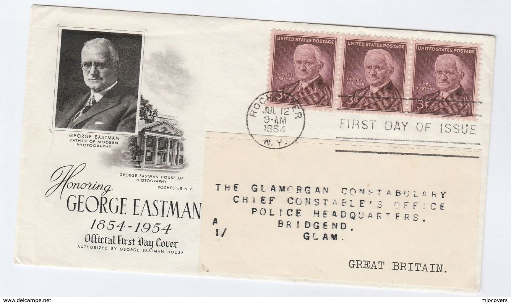 1954 Rochester USA FDC Franked 3 X GEORGE EASTMAN Photography Stamps Cover To GB Film - Fotografía