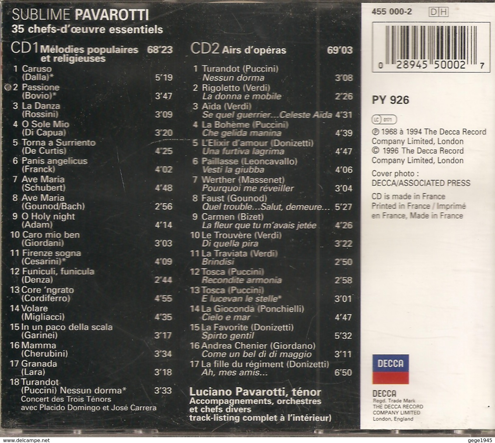 CD    Pavarotti   "  Subime  "  Chefs D'oeuvre  Essentiels  En  2 CD    De  1994   Avec  35  Titres - Andere - Italiaans