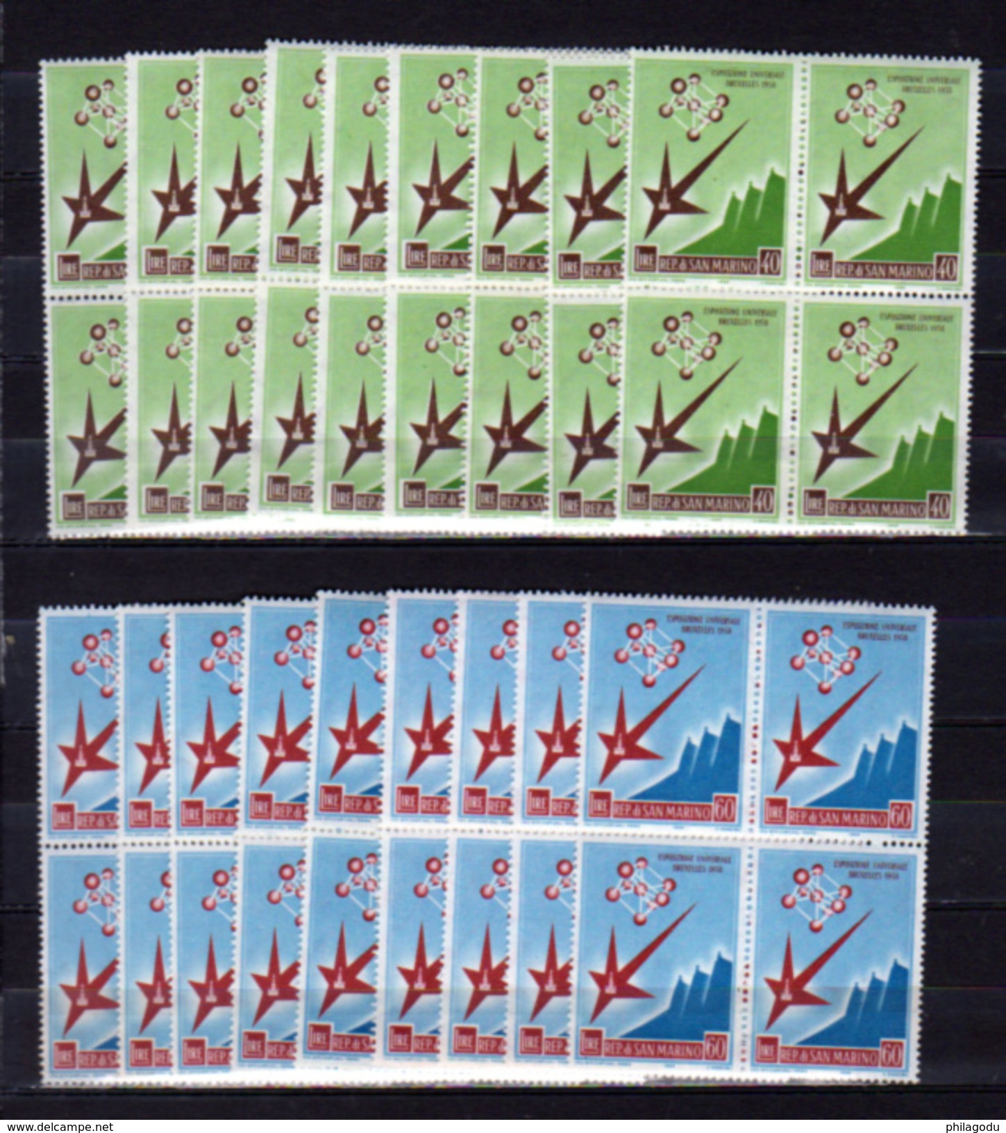 1958  Saint-Marin,  9 X  447 / 448**en Blocs De 4 **, Cote 45 €, Expo Bruxelles - 1958 – Brussels (Belgium)