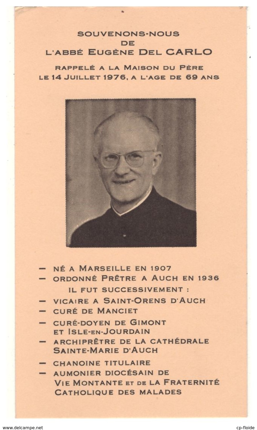 Souvenez-vous De L'Abbé Eugène Del Carlo . Né à Maseille En 1907 . Ordonné Prêtre à Auch En 1936 - Réf. N°17937 - - Décès