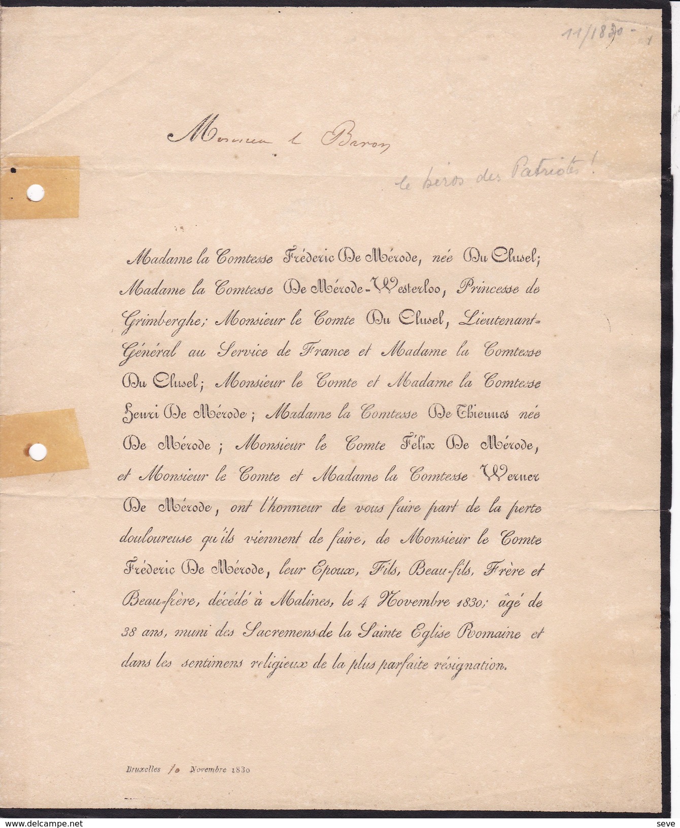 1830 Comte Frédéric De MERODE Décédé à Malines 4 Novembre 1830 Révolution Combat  1792-1830 Bataille Berchem - Obituary Notices