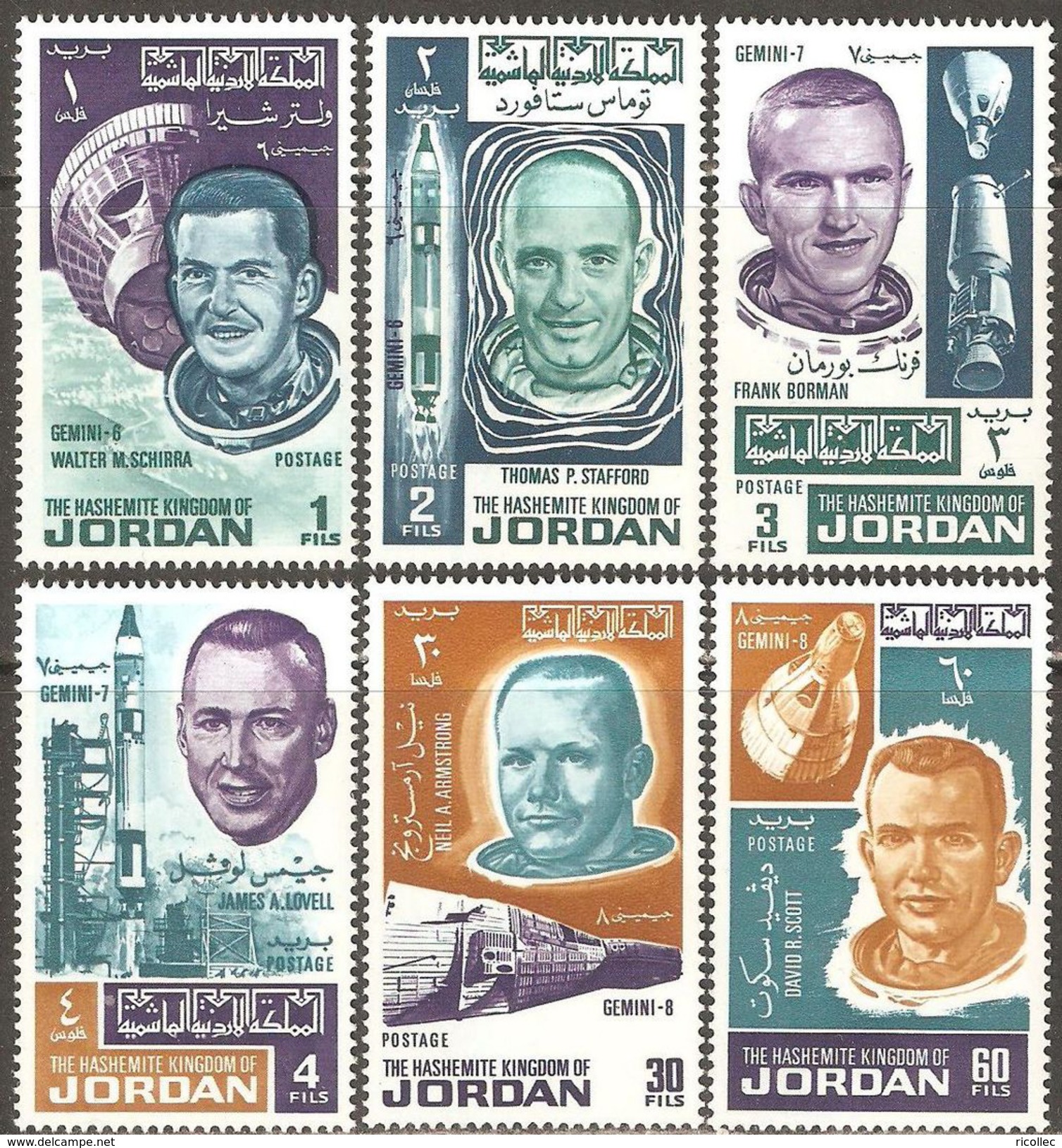 MNH 6 Stamps Space Astronauts Armstrong Scott Lovell Borman Stafford  Schirra Jordan 1966 - Palestina