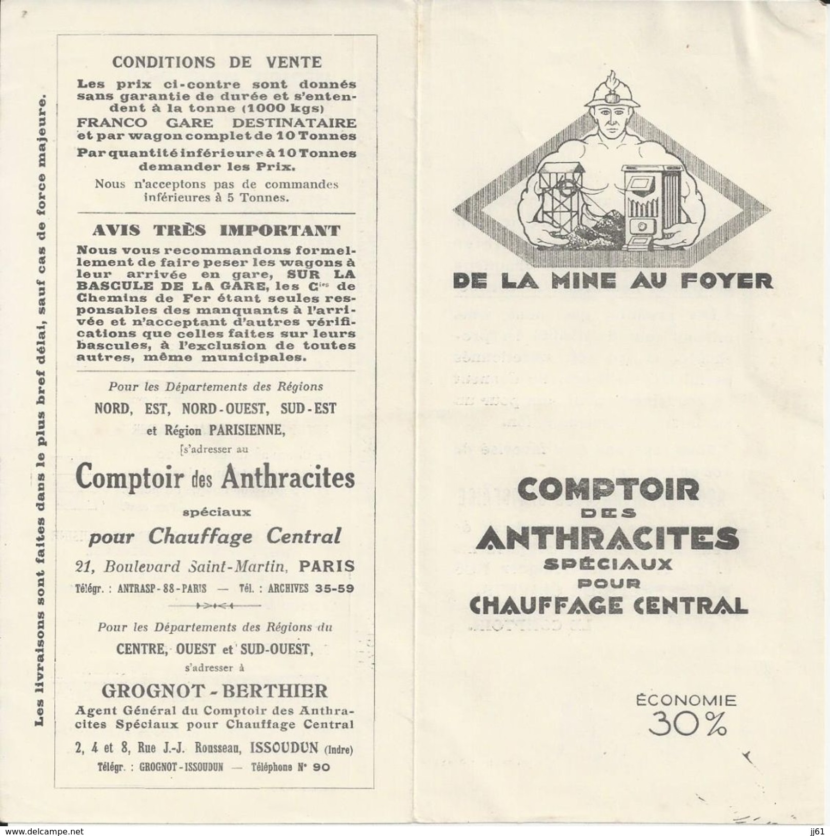 PARIS COMPTOIR DES ANTHRACITES SPECIAUX POUR CHAUFFAGE CENTRAL DEPLIANT DES CONDITIONS DE VENTE MAGASIN A ISSOUDUN INDRE - Autres & Non Classés