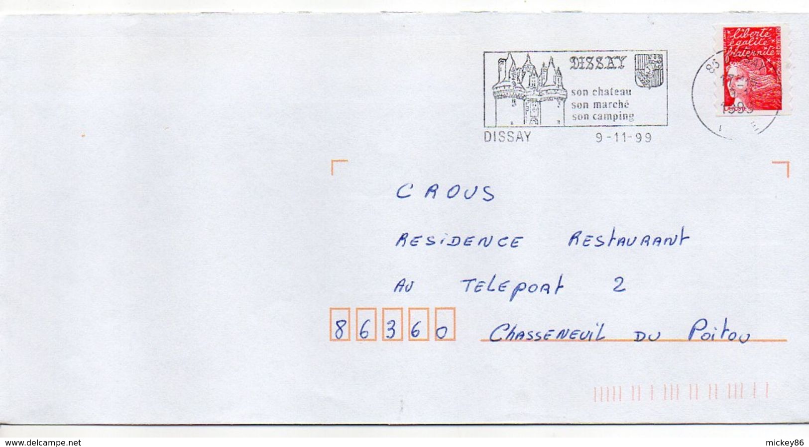 Flamme  -1999--DISSAY--86-- "Chateau;Marché,Camping--blason  " Type Marianne Luquet......à Saisir - Oblitérations Mécaniques (flammes)