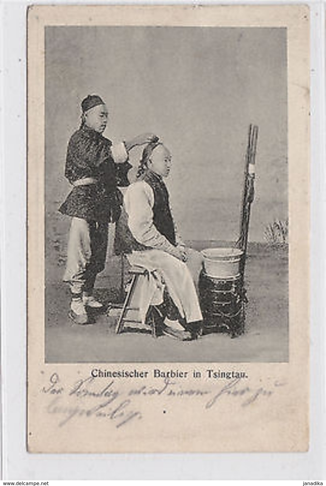 K 635 - China, Chinesischer Barbier In Tsingtau, Mi 19, 1909 Gelaufen - Ehemalige Dt. Kolonien