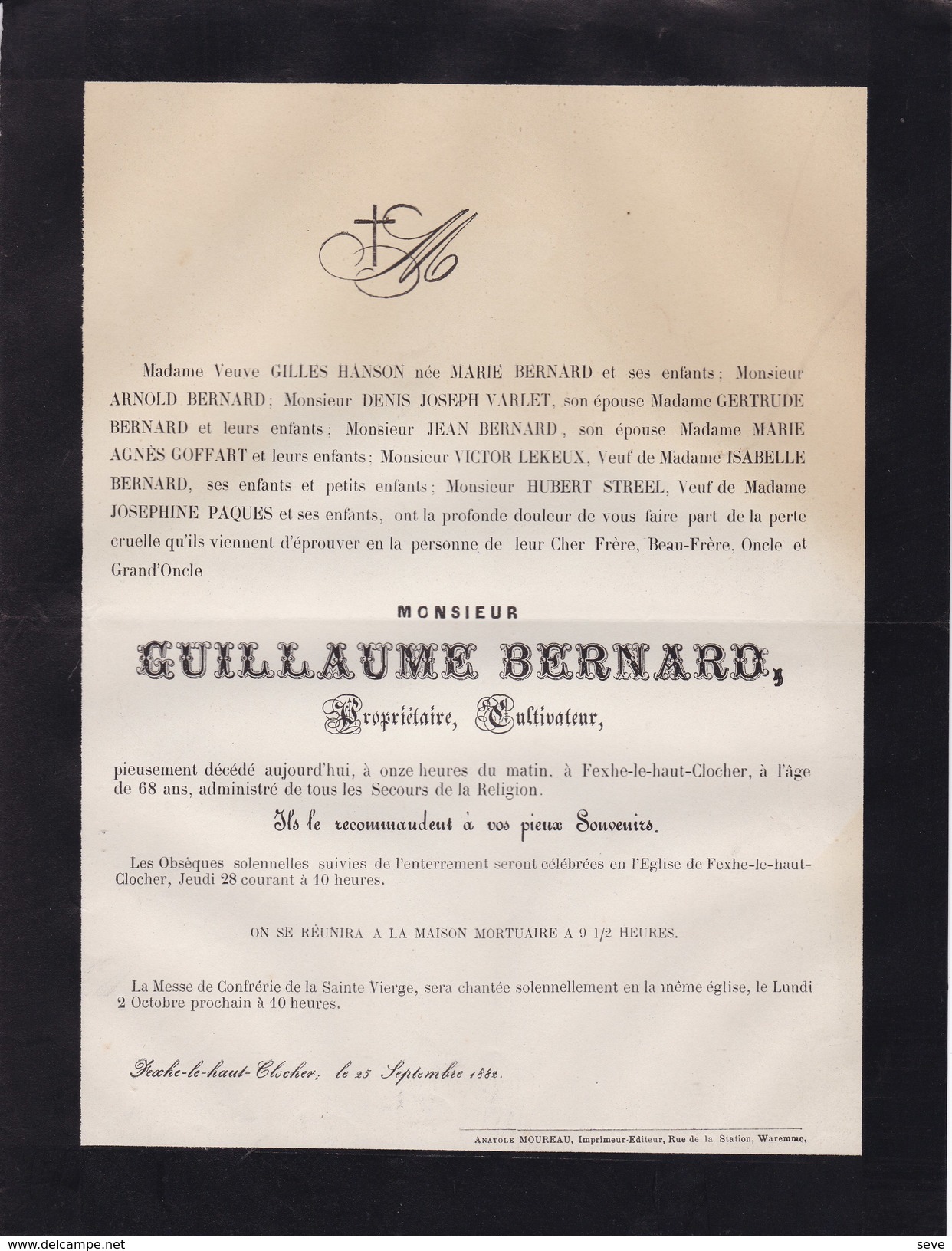 FEXHE-LE-HAUT-CLOCHER Guillaume BERNARD Propriétaire Cultivateur 68 Ans 1882 Familles HANSON LEKEUX - Avvisi Di Necrologio