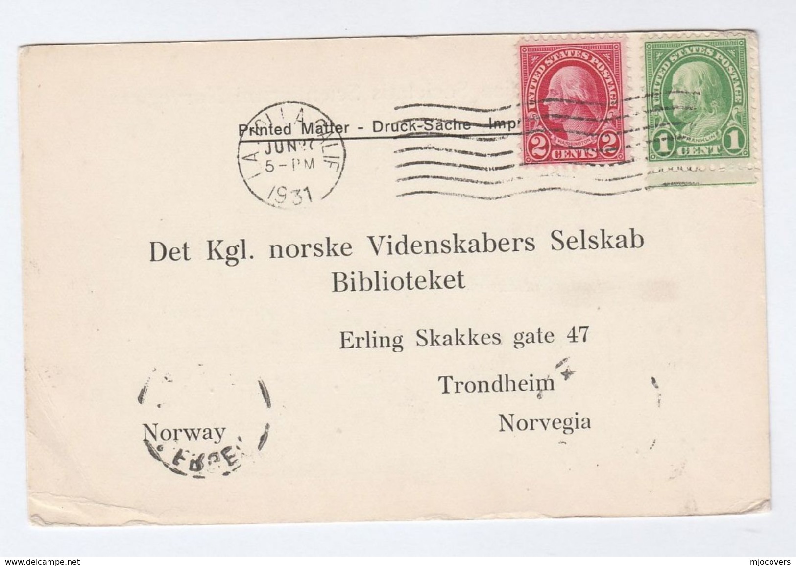 1931 USA LIBRARY SCRIPPS OCEAOGRAPHY Scientiarum Norvegicae To NORWAY Trondheim NORWEGIAN SCIENCE LIBRARY Card Cover - Covers & Documents