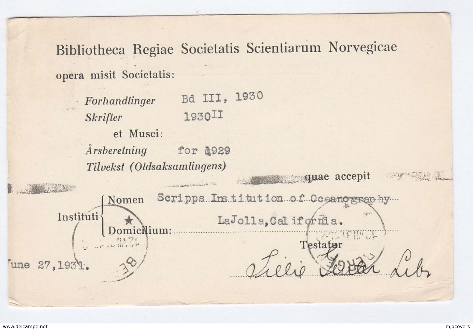 1931 USA LIBRARY SCRIPPS OCEAOGRAPHY Scientiarum Norvegicae To NORWAY Trondheim NORWEGIAN SCIENCE LIBRARY Card Cover - Covers & Documents