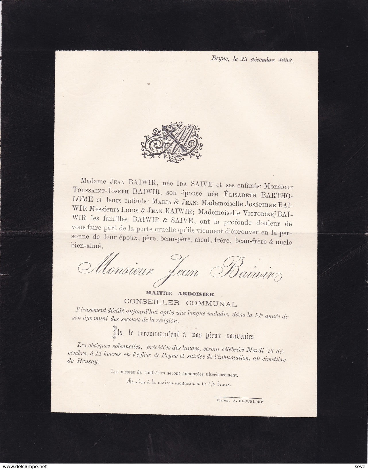 BEYNE Maître Ardoisier Jean BAIWIR Conseiller Communal 51 Ans 1893 Famille SAIVE BARTHOLOME - Décès