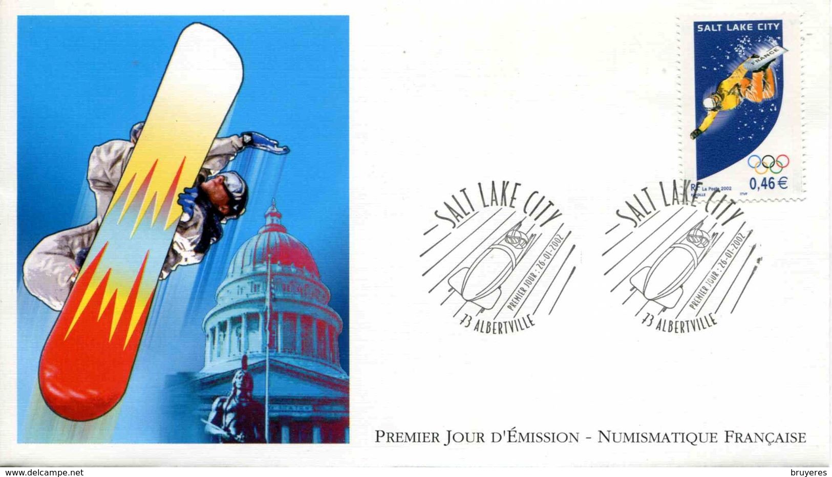 ENV PJ De 2002 Avec Timbre Et Illust."JO D'Hiver Salt Lake City - Snowboard" - Oblit. PJ Albertville 26.01.2002 - Hiver 2002: Salt Lake City