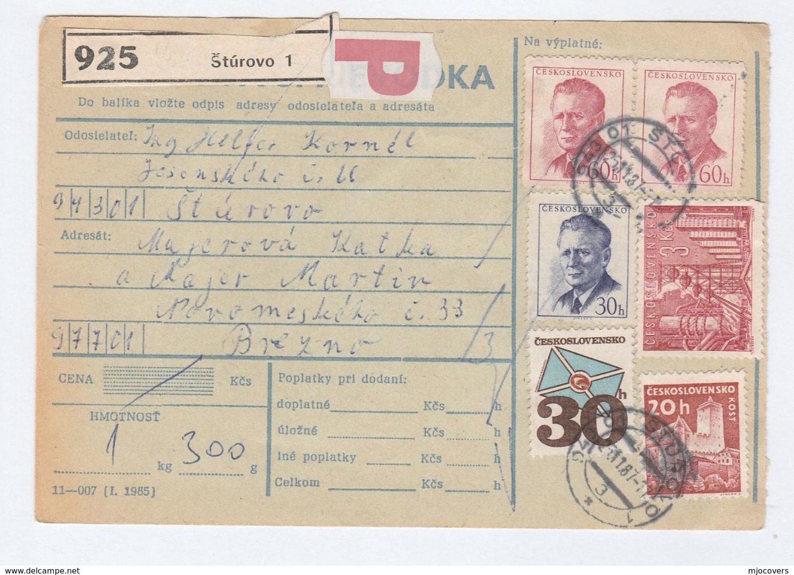 1987 CZECHOSLOVAKIA Post RECEIPT CARD FORM Registered STUROVO To BREZNO  Multi Stamps Cover - Covers & Documents