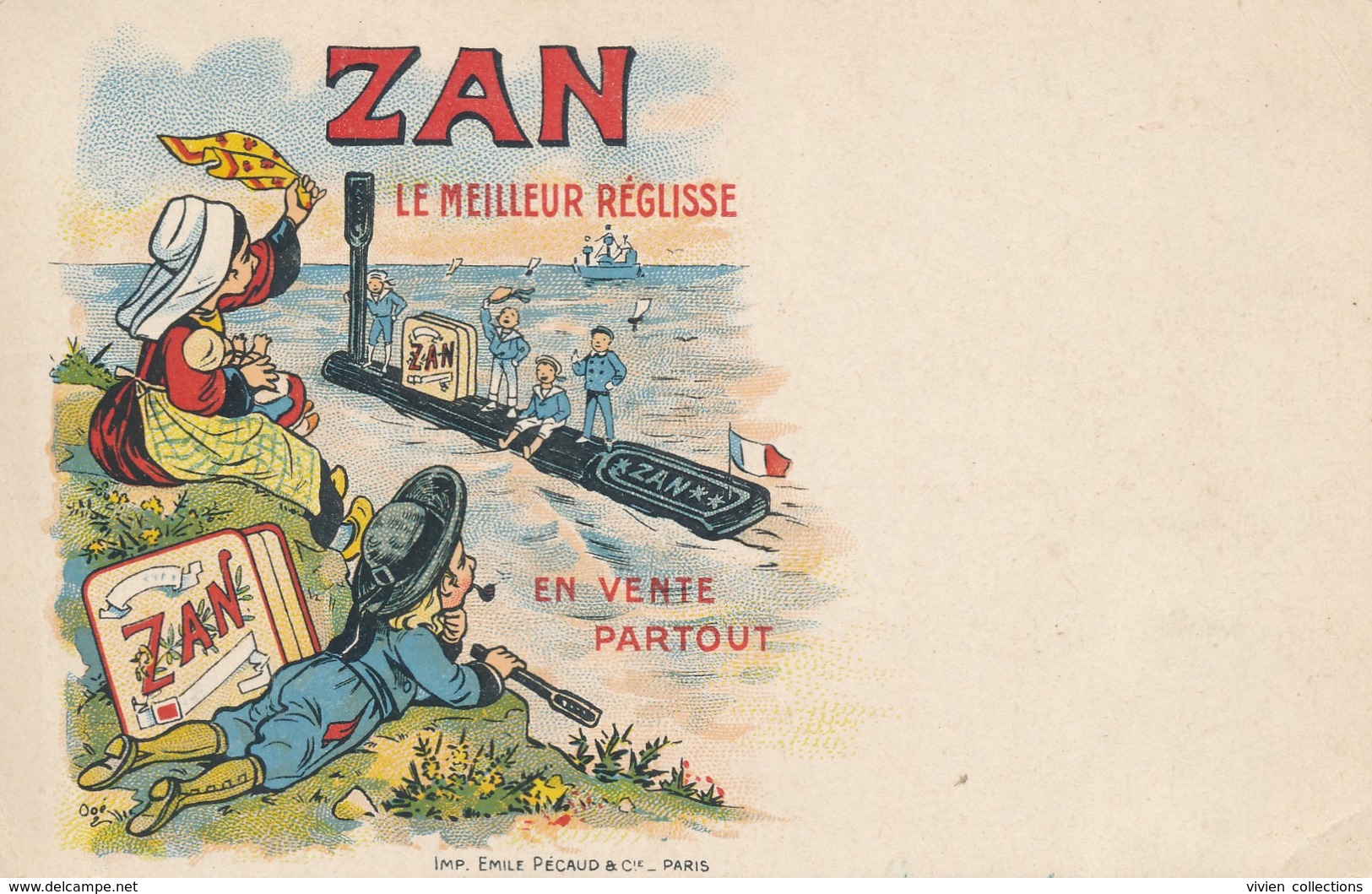 Carte Publicitaire Zan Le Meilleur Réglisse En Vente Partout - L'aurevoir Aux Marins Sur Leur Sous Marin - Imp Pécaud - Publicité