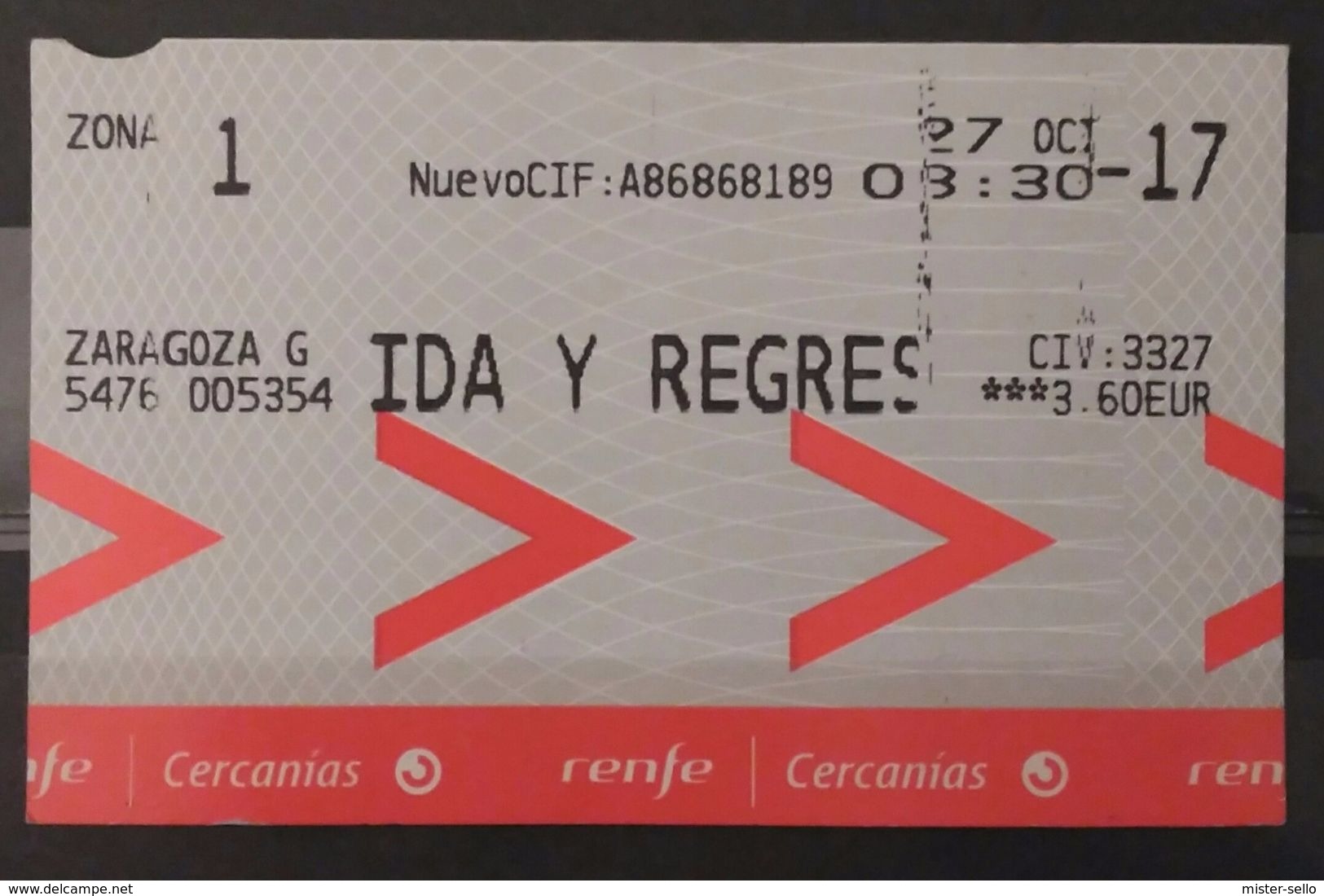 ESPAÑA. RENFE. BILLETE DE IDA Y VUELTA. CERCANÍAS ZARAGOZA - UTEBO. - Europa