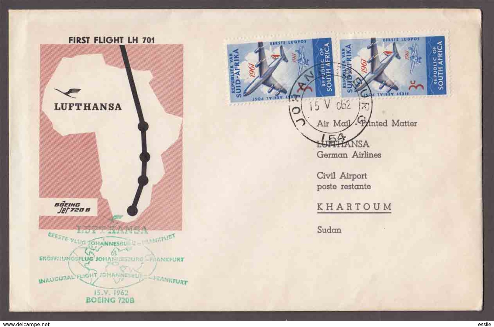 South Africa / Germany - 1962 - Lufthansa German Airlines First Flight LH 701 Boeing 720 B Frankfurt Via Khartoum - Poste Aérienne
