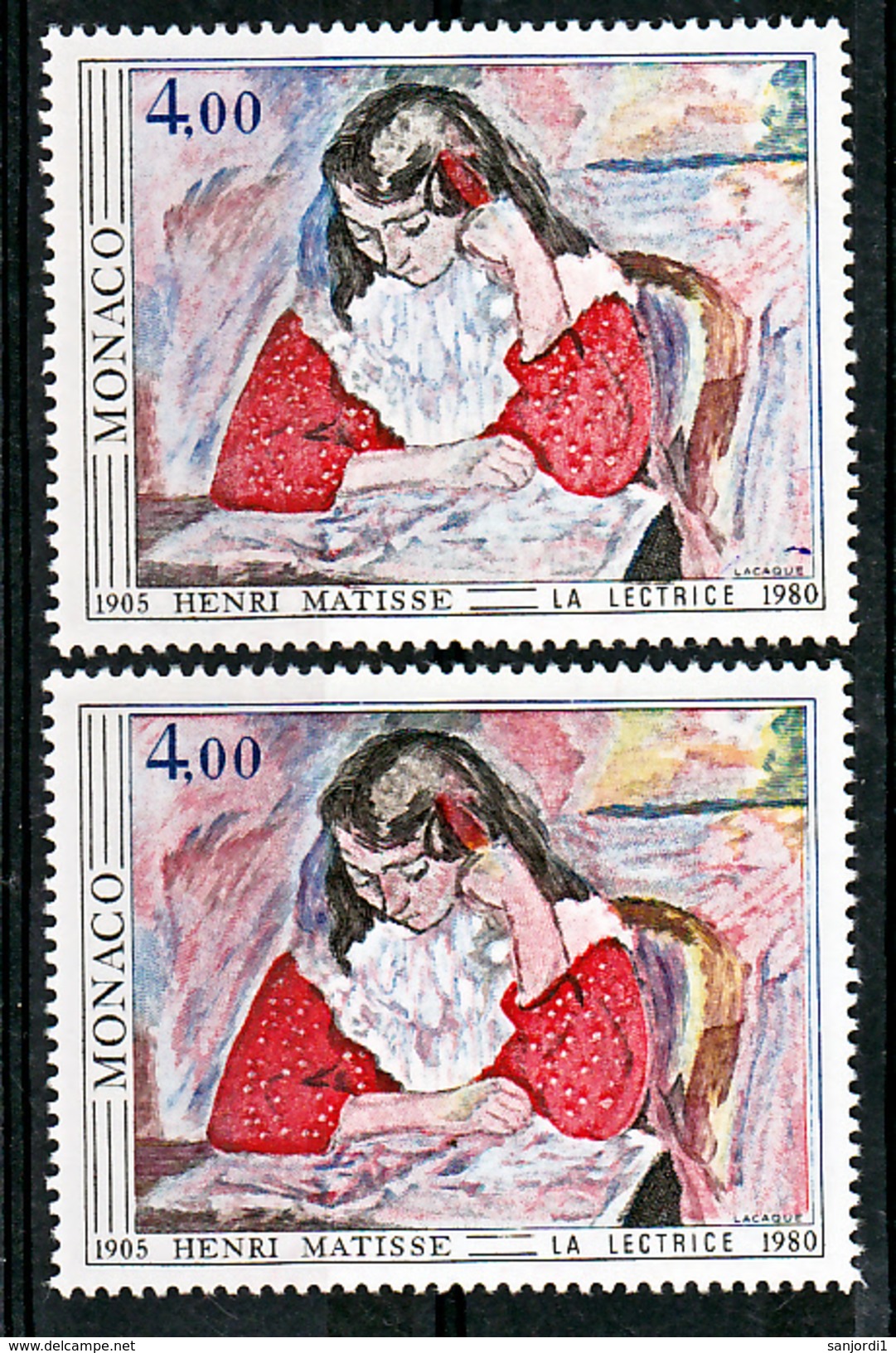 Monaco 1243 Variété Rose Extra Pale Visage Bras Etc... Et Normal Tableau De Matisse Neuf ** TB  MNH Sin Charnela - Variétés