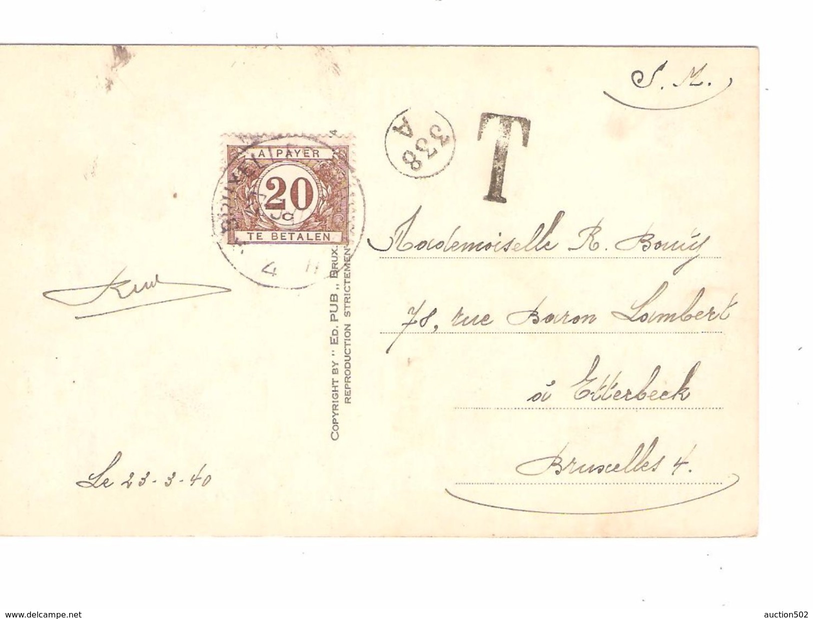 CP Humoristique En SM Griffe T Taxée 20 C Par TTx 34 C.BXL 4 27/3/40 Pour Etterbeek PR4827 - Covers & Documents