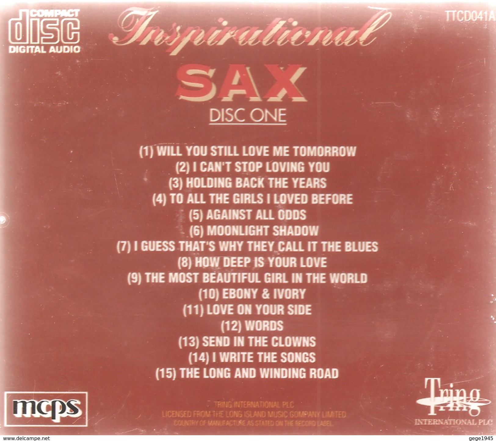 CD     Inspirational  Sax  -  Disc One  -    Avec  15  Titres - Instrumental