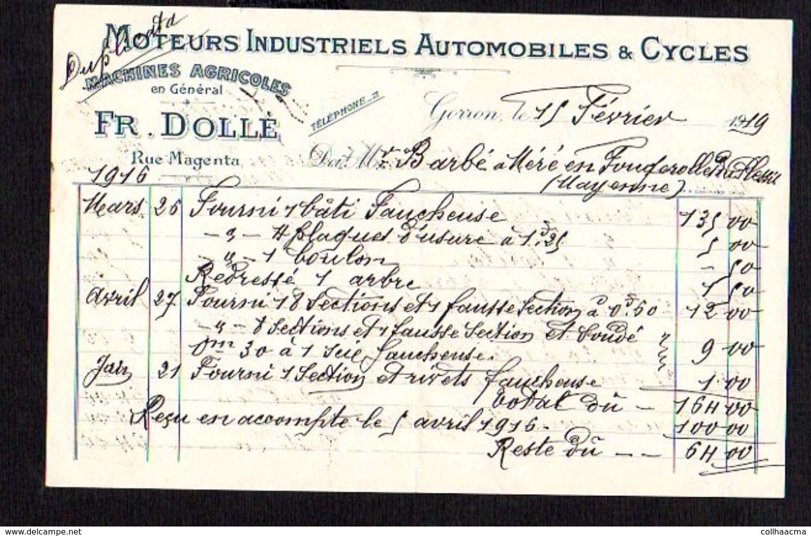 1919 Facture Moteurs Industriels Automobiles,Cycles Et  Machines Agricoles Chez Fr. Dollé à Gorron 53 - 1900 – 1949