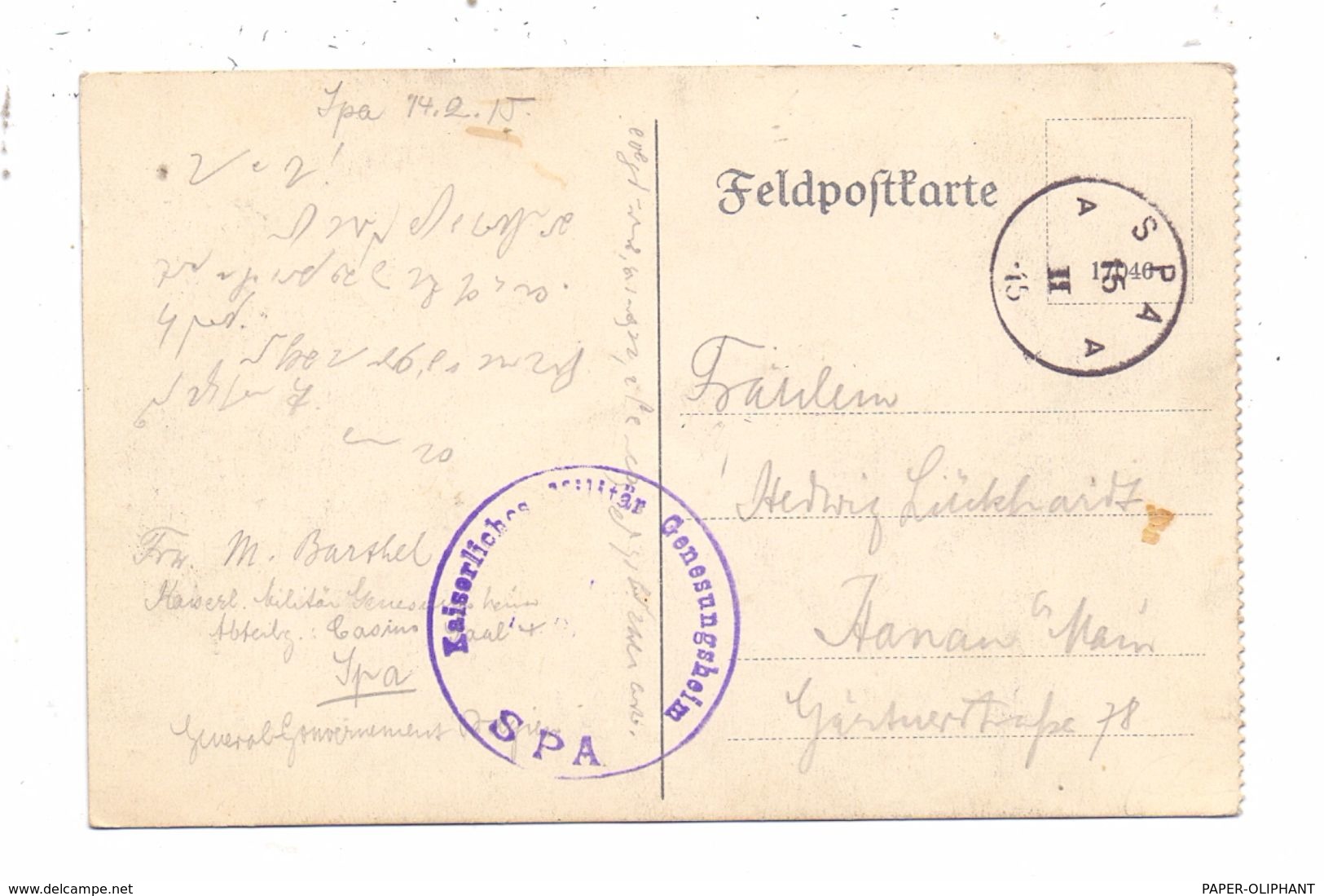 B 4900 SPA, Le Kursaal, Deutsche Feldpost 1915, Kaiserliches Militär Genesungsheim - Spa