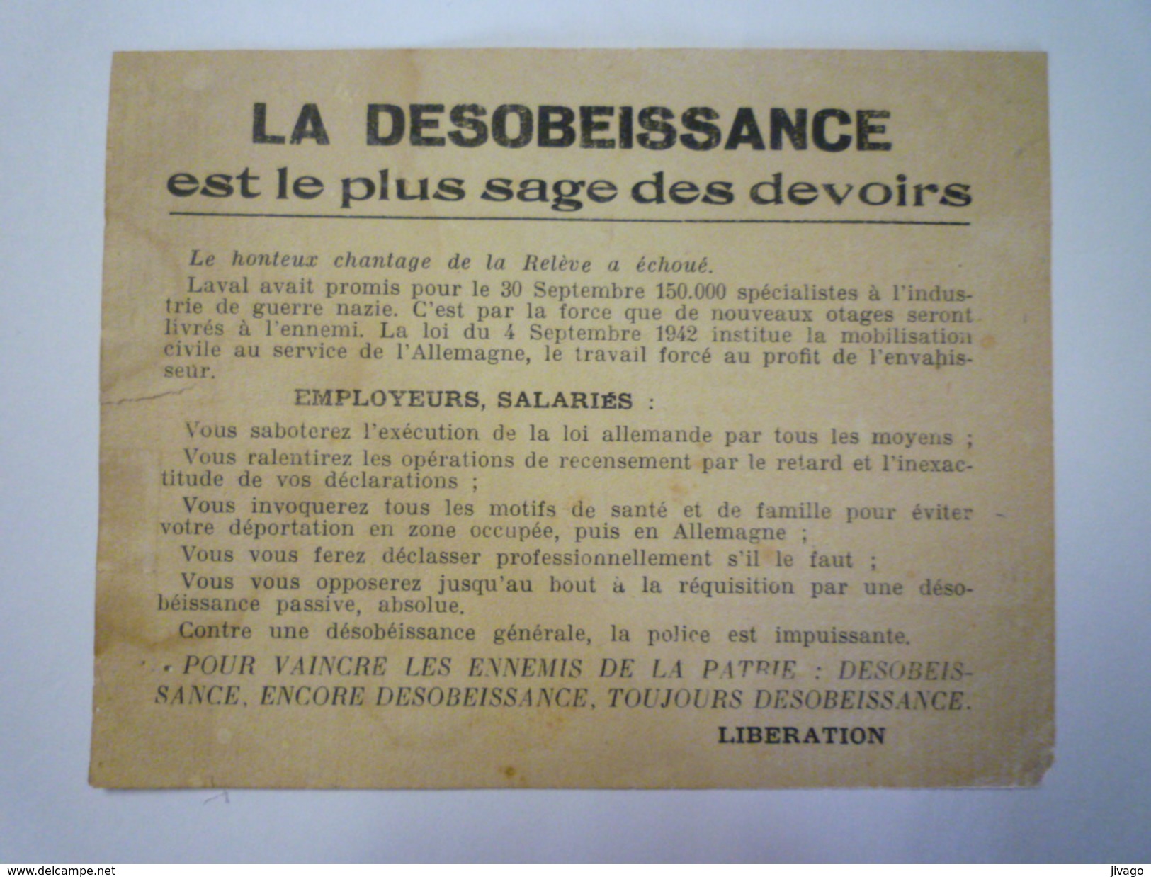 TRACT De La RESISTANCE  :  " La Désobéissance Est Le Plus Sage Des Devoirs "    - Zonder Classificatie