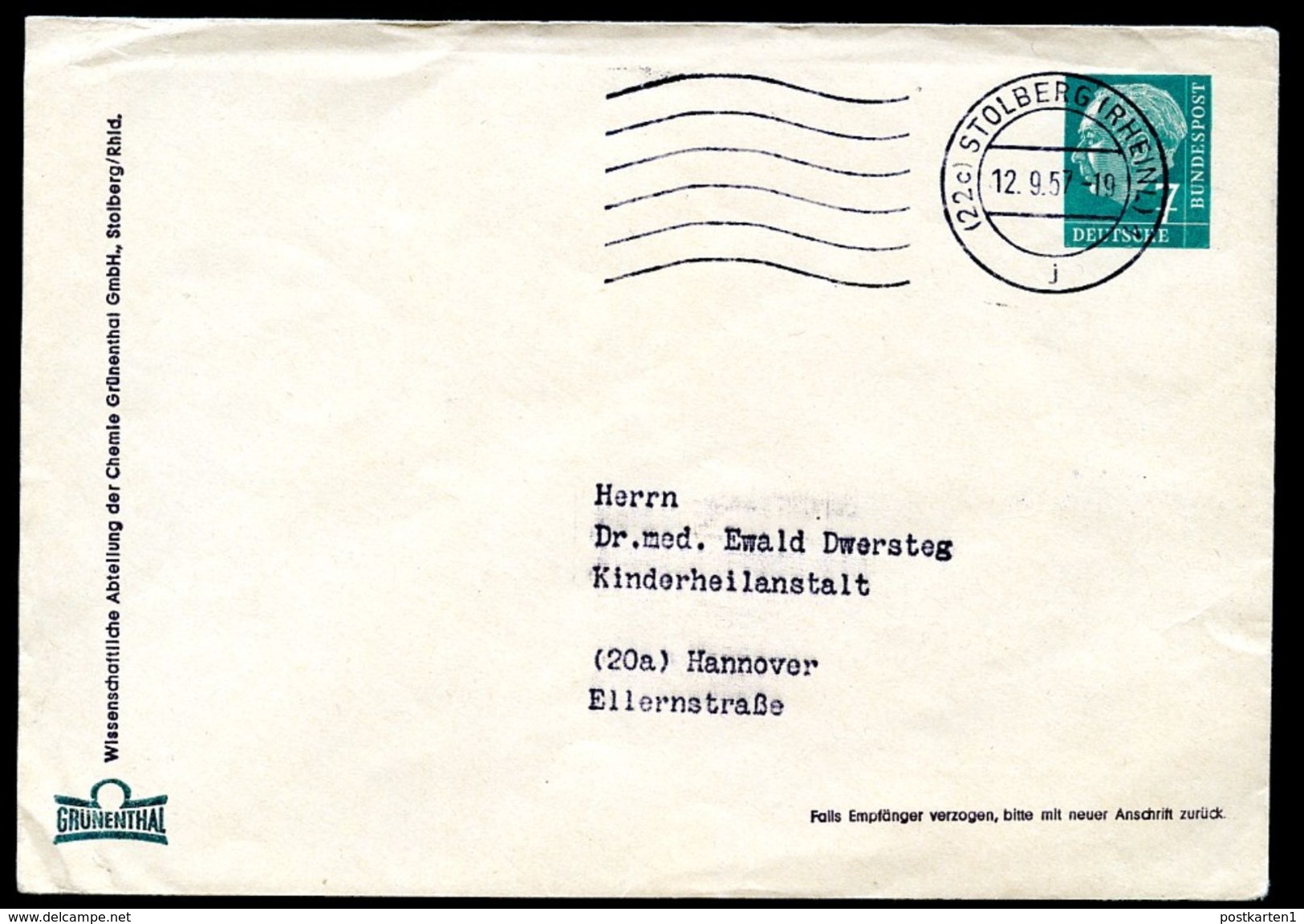 Bund PU7 B2/002 Privat-Umschlag GRÜNENTHAL STOLBERG Gebraucht 1957 NGK 25,00 € - Private Covers - Used