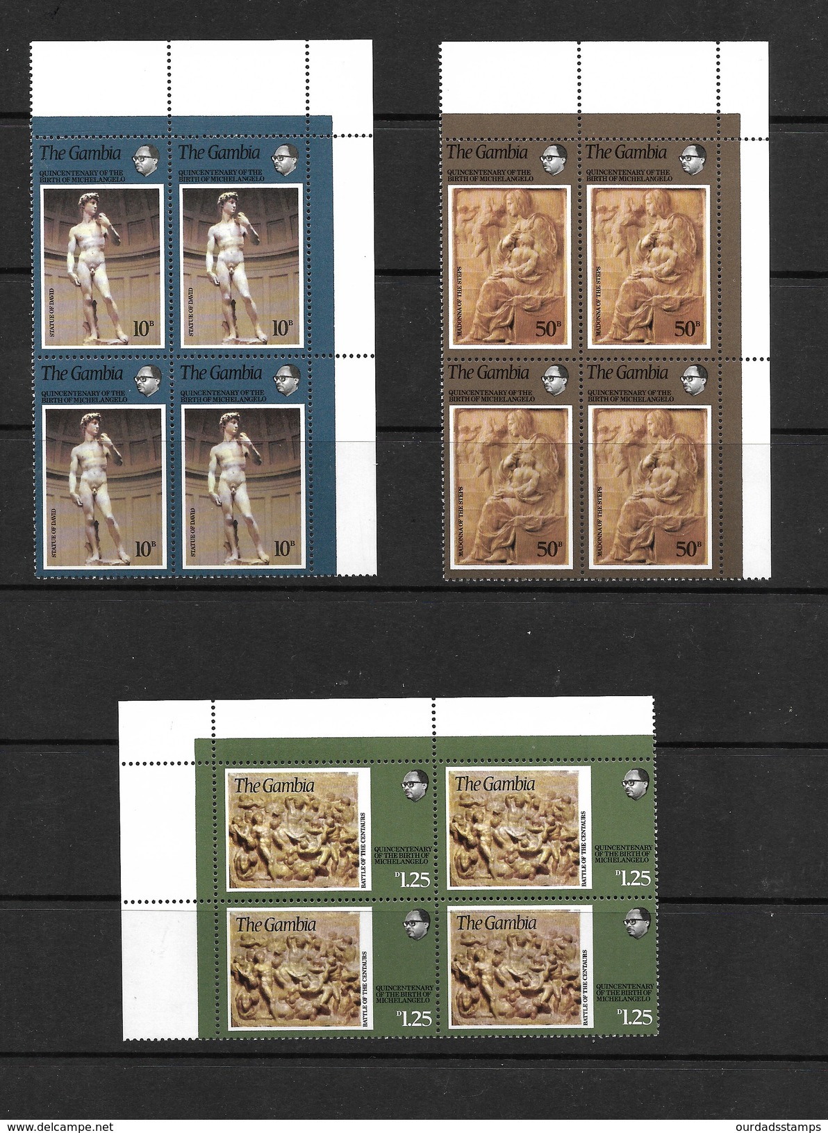 Gambia, 1974 Michelangelo Birth Anniversary Complete Set In MNH Corner Blocks Of Four (5619) - Gambia (1965-...)