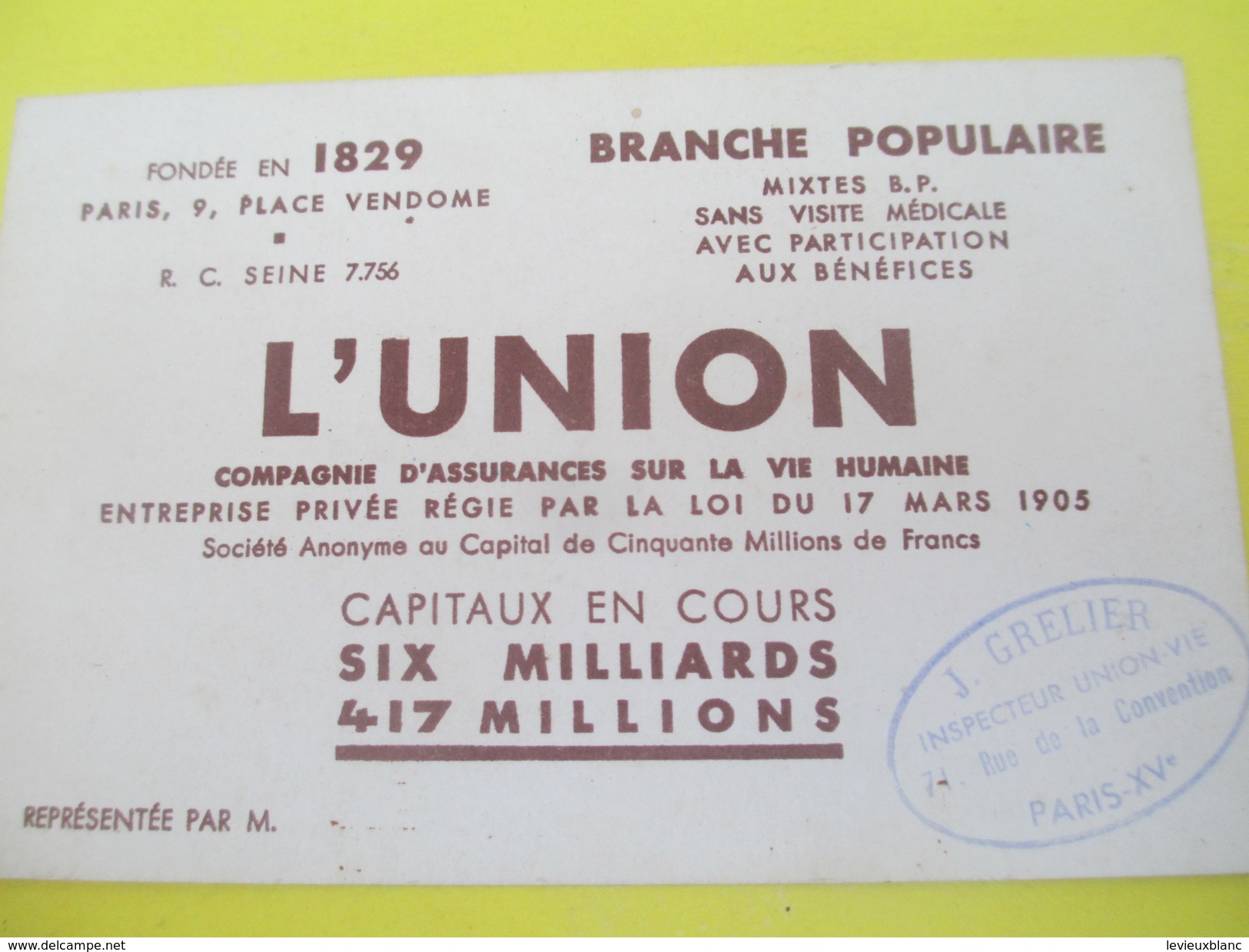 Carte Commerciale/L'Union/Cie D'Assur Sur La Vie Humaine/Branche Populaire/Place Vendôme/Paris/vers 1960-70     CAC64 - Bank & Insurance