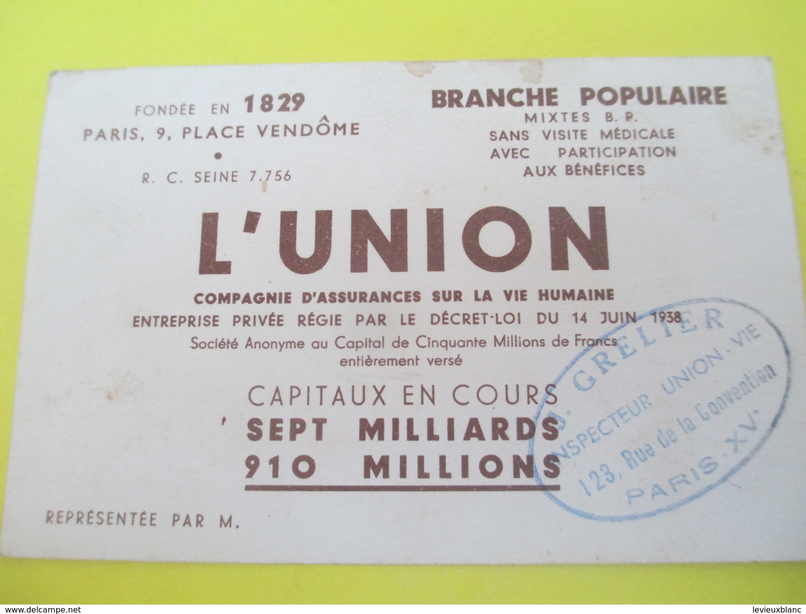 Carte Commerciale/L'Union/Cie D'Assur Sur La Vie Humaine/Branche Populaire/Place Vendôme/Paris/vers 1960-70     CAC65 - Banco & Caja De Ahorros