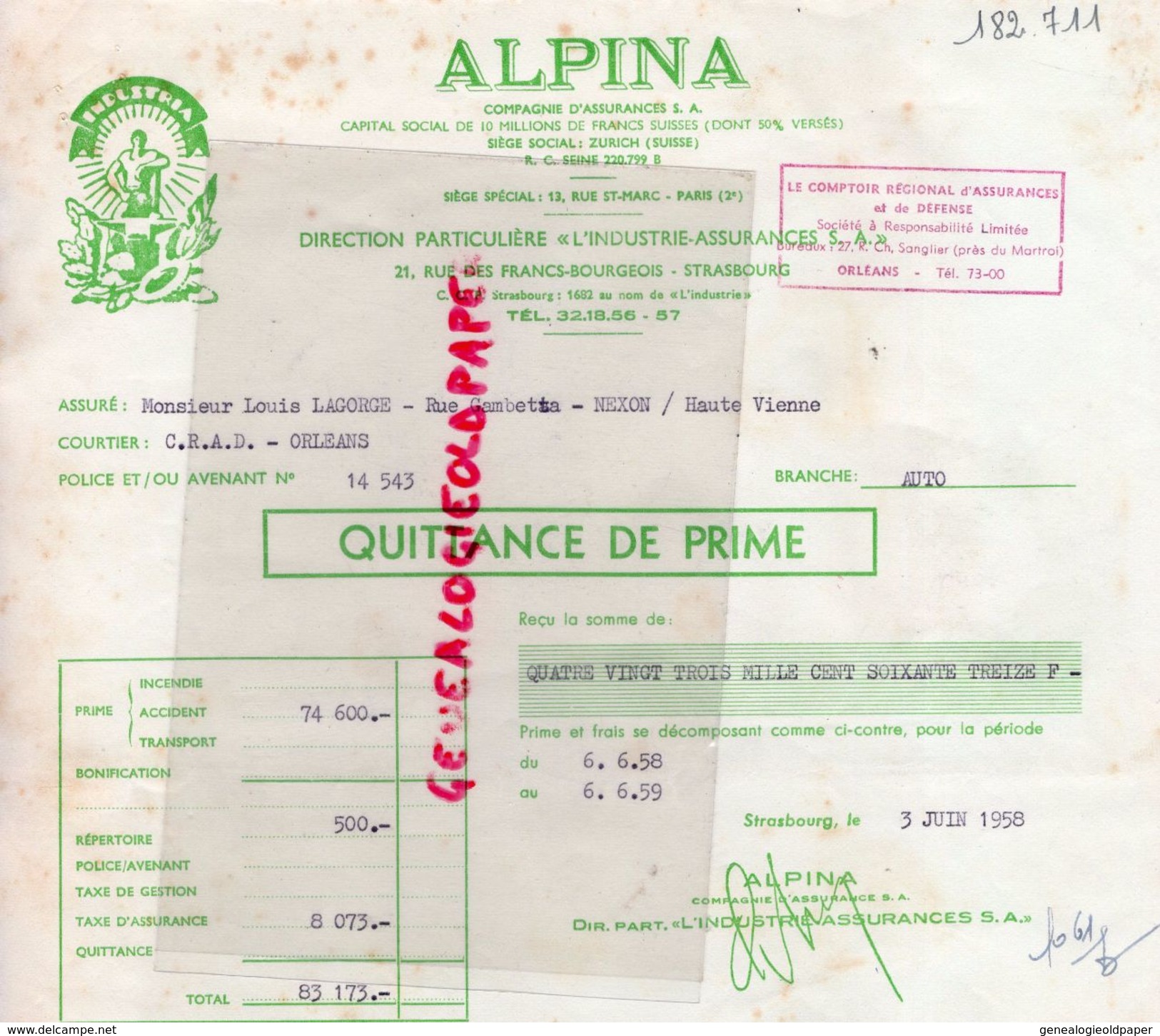 67- STRASBOURG- FACTURE ASSURANCES ALPINA- INDUSTRIA-ZURICH-PARIS-21 RUE FRANCS BOURGEOIS- 1958-LAGORCE NEXON - Bank & Versicherung