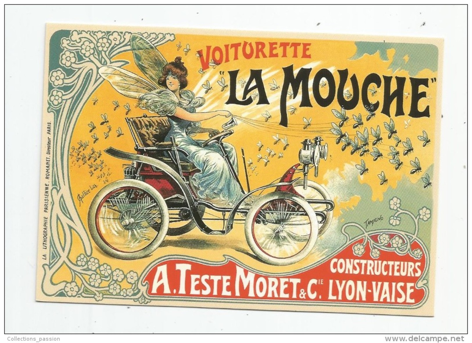 Cp , Collection LES ANCÊTRES DE L'AUTOMOBILE , Vierge  , VOITURETTE LA MOUCHE , A. Teste Moret & Cie , Lyon-Vaise - Toerisme