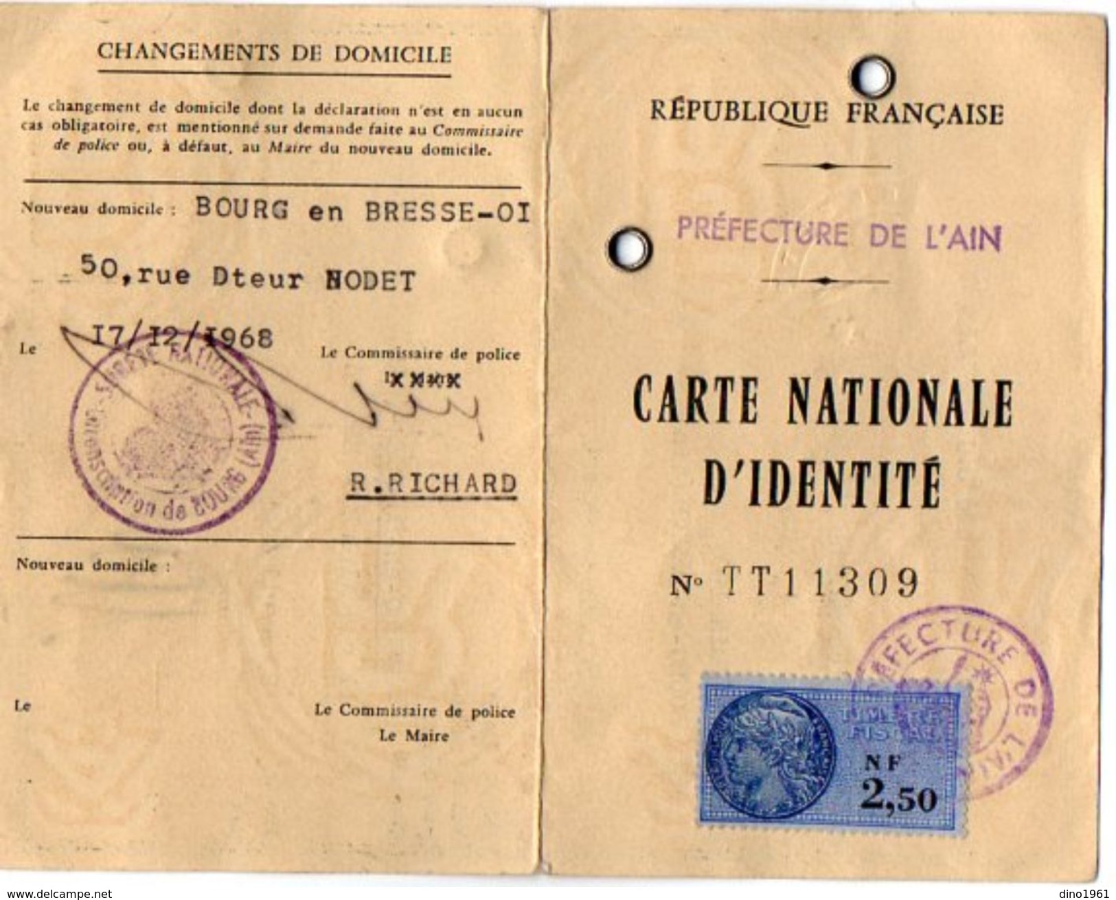 VP11.267 - MILITARIA - Police - Préfecture De L'AIN -  BOURG EN BRESSE - Ancienne Carte D'Identité - Polizia
