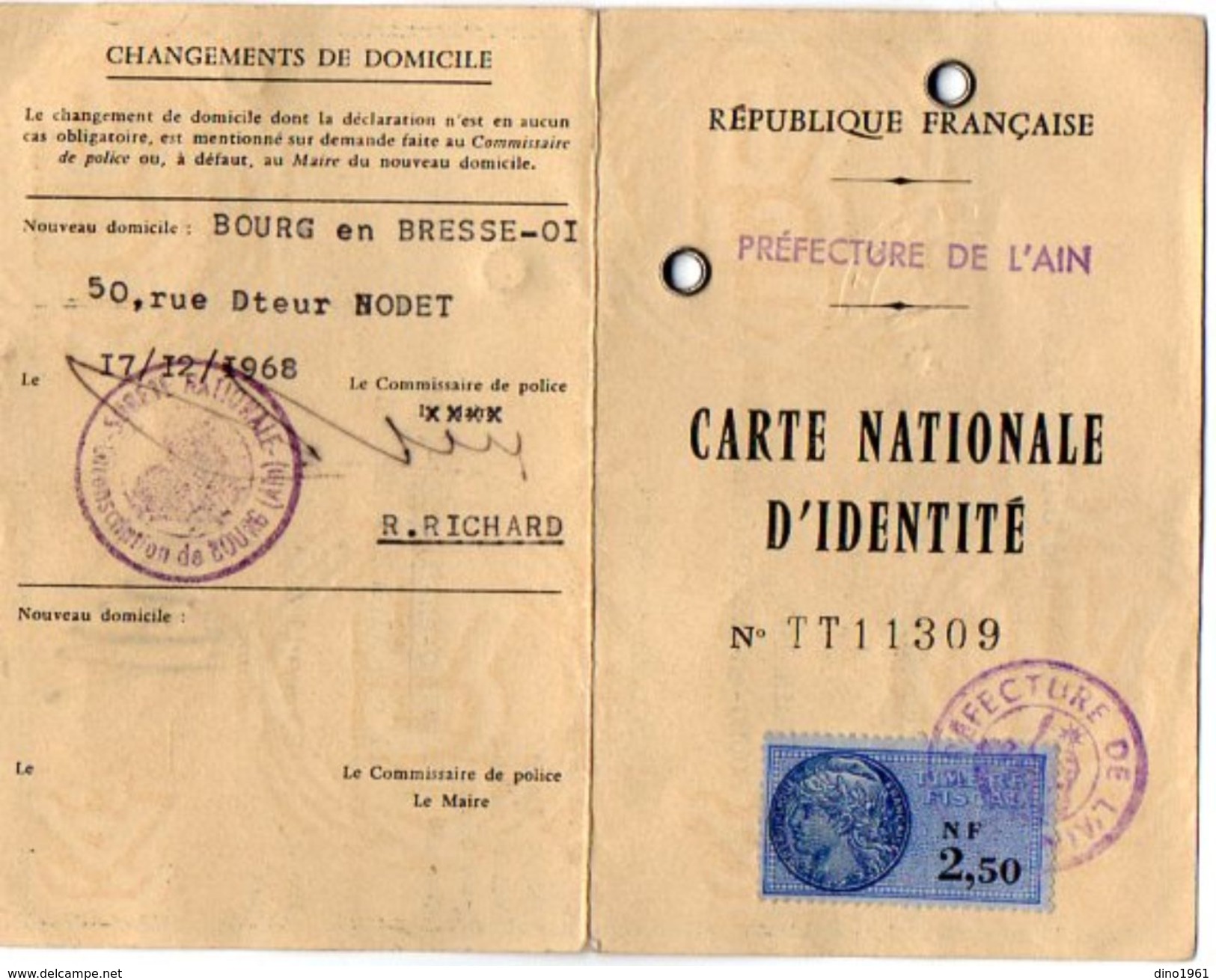 VP11.267 - MILITARIA - BOURG EN BRESSE -  Préfecture De L'AIN - Ancienne Carte D'Identité - Police & Gendarmerie