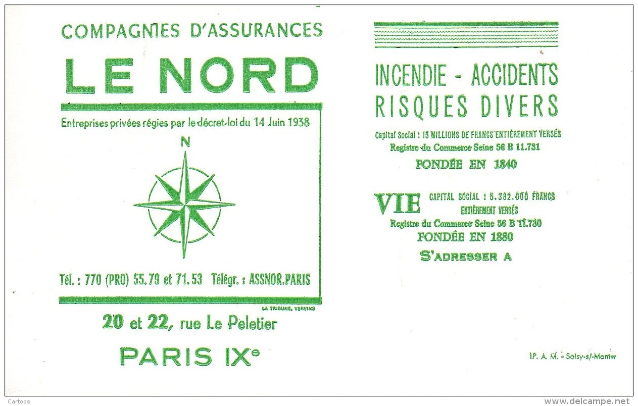 Buvard Compagnies D'Assurances LE NORD  20 Et 22 Rue Le Peletier Paris IX - Banque & Assurance
