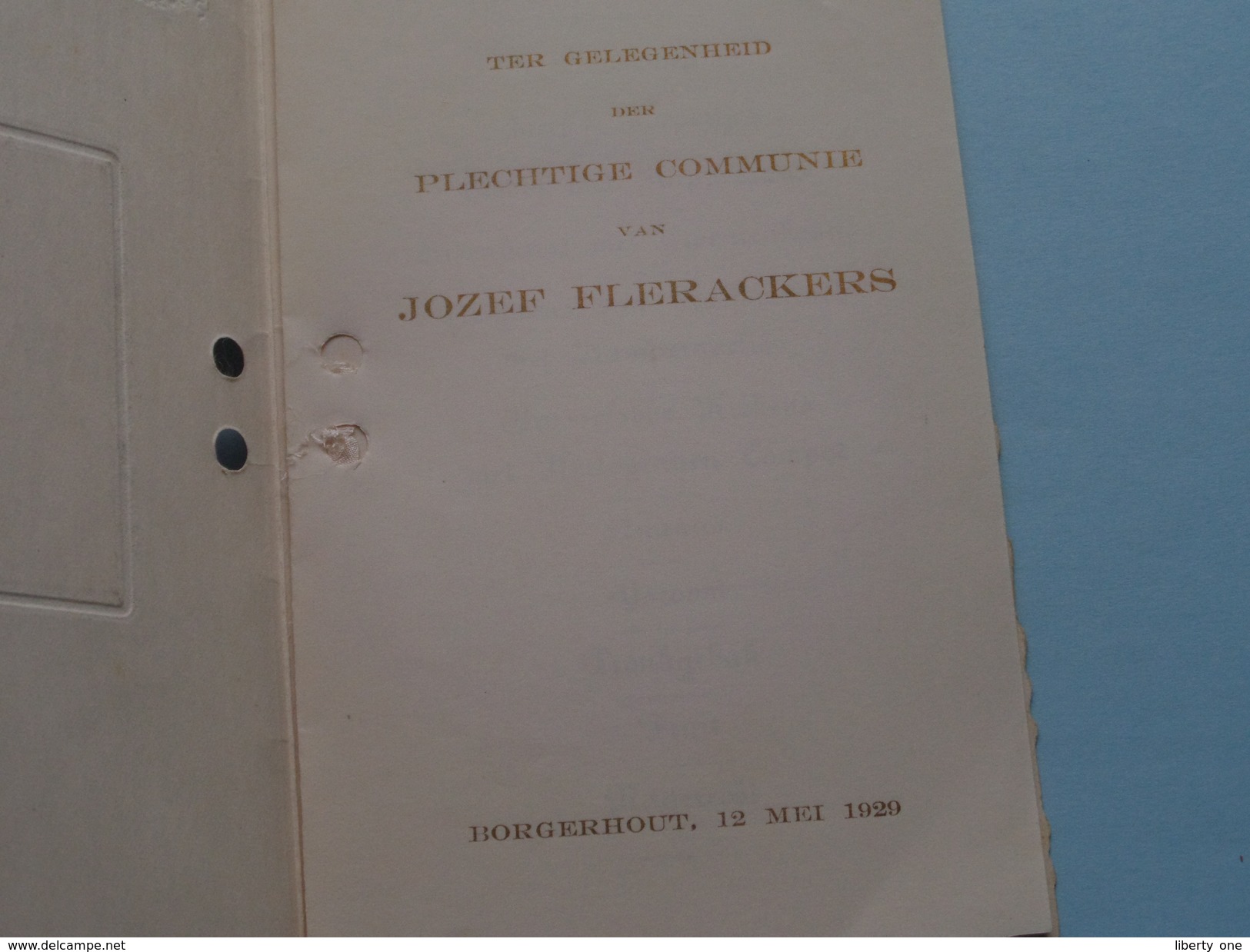 Spijskaart Plechtige COMMUNIE Borgerhout 12 Mei 1929 > JOZEF FLERACKERS ( Zie Foto's ) ! - Menus