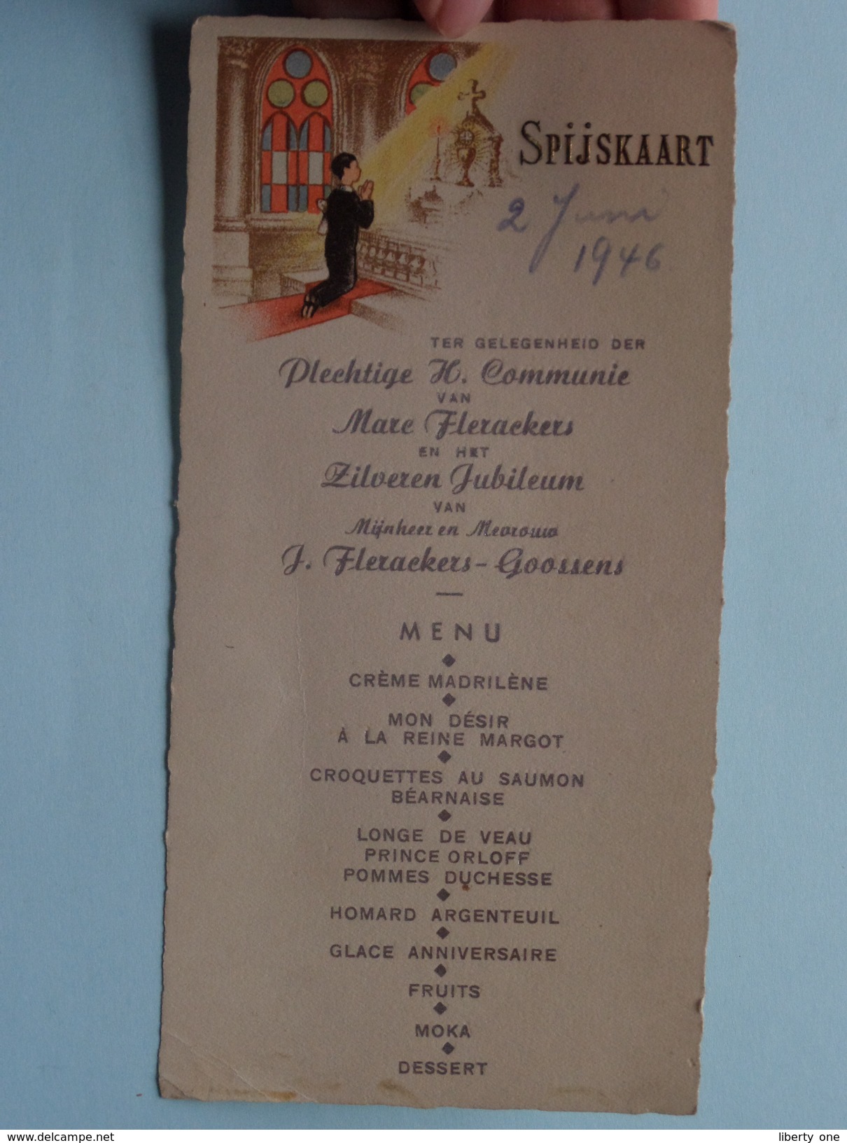 Spijskaart Plechtige H. COMMUNIE Marc FLERACKERS & Zilveren Jubileum Flerackers-Goossens 1946 ( Zie Foto's ) ! - Menus