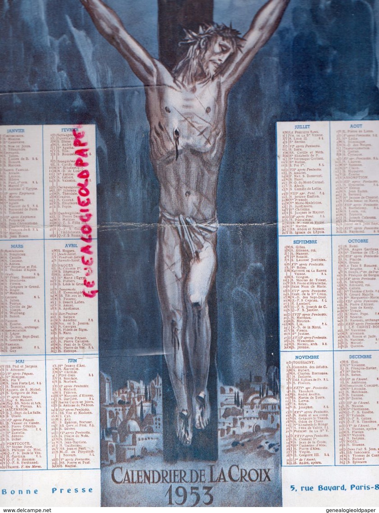 75- PARIS- GRAND CALENDRIER DE LA CROIX-BONNE PRESSE 5 RUE BAYARD- 1953- CHRIST EN CROIX -RELIGION CHRISTIANISME-JESUS - Grand Format : 1941-60