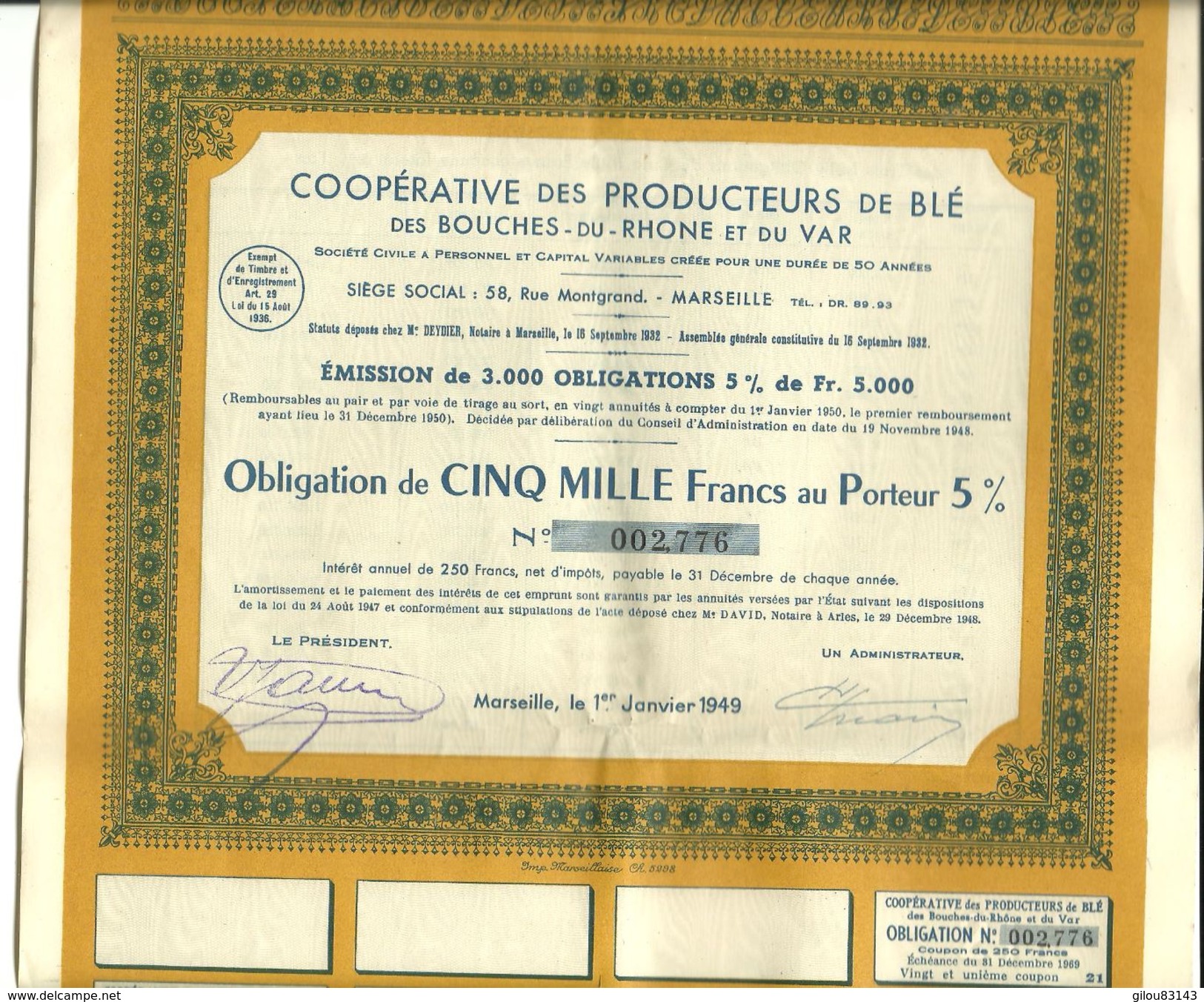 Action Cooperative Des Producteurs De Ble Des Bouches Du Rhone Et Du Var, Obligation De Cinq Mille Francs  (bon Etat) - Agriculture