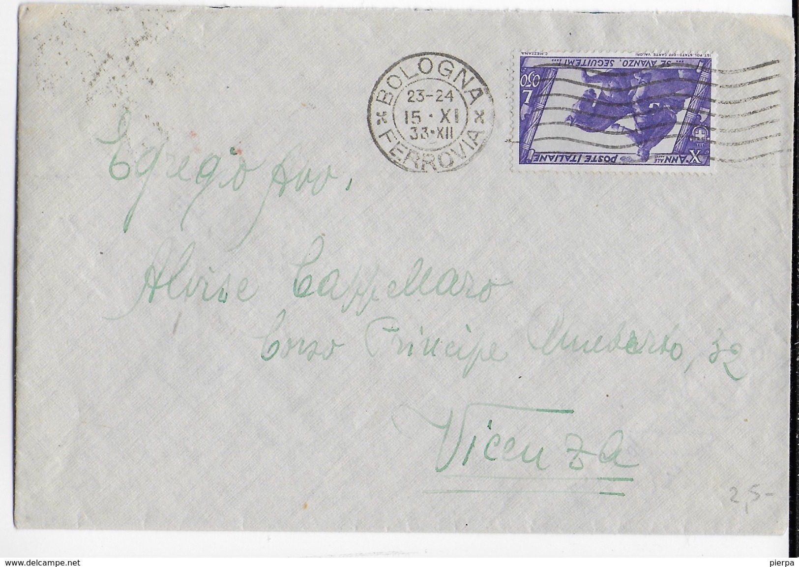 STORIA POSTALE REGNO - DECENNALE CENT 50 ISOLATO SU BUSTA DA BOLOGNA 15.09.1933 PER VICENZA - Poststempel