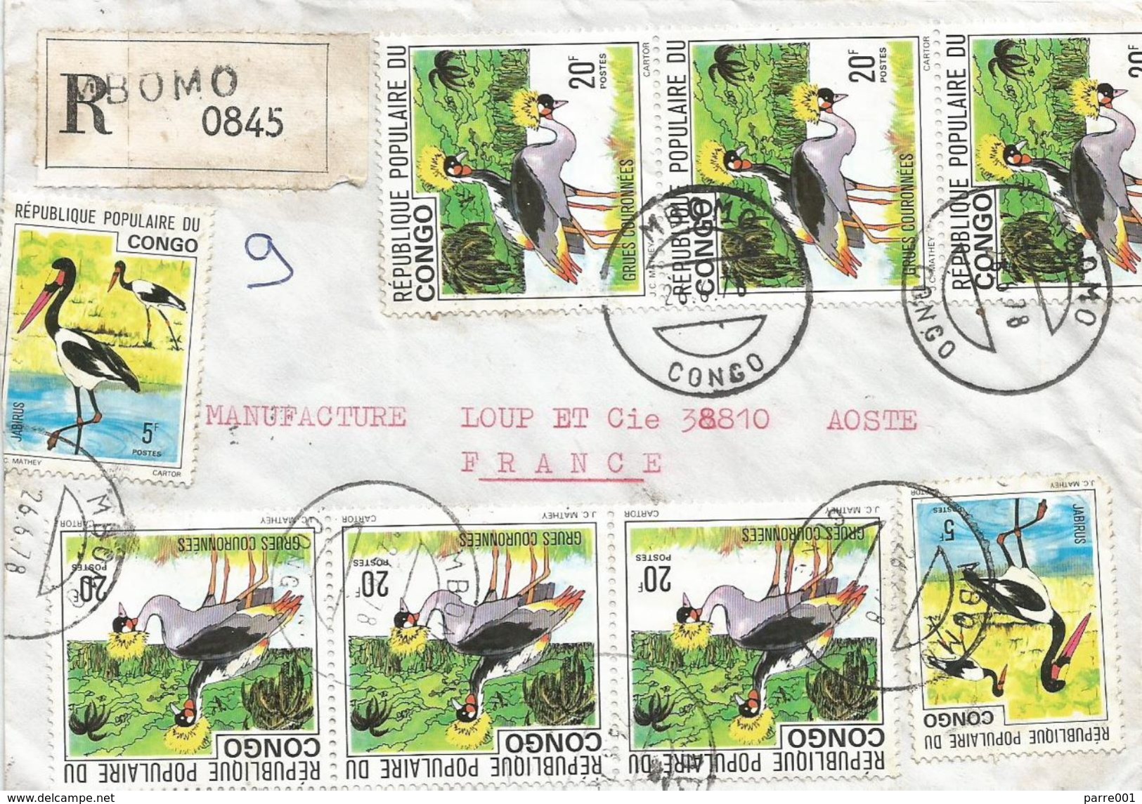 Congo 1978 Mbomo Crowned Crane Jabiru Storch Registered Cover - Cranes And Other Gruiformes