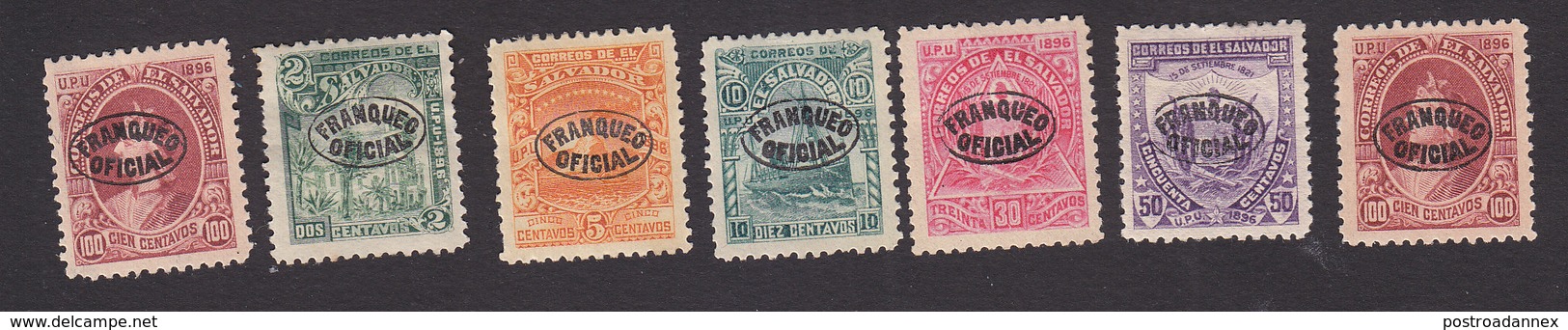 El Salvador, Scott #O90, O92, O94-O95, O100-O102 Reprints, Mint Hinged, Columbus And Scenes Overprinted, Issued 1897 - El Salvador